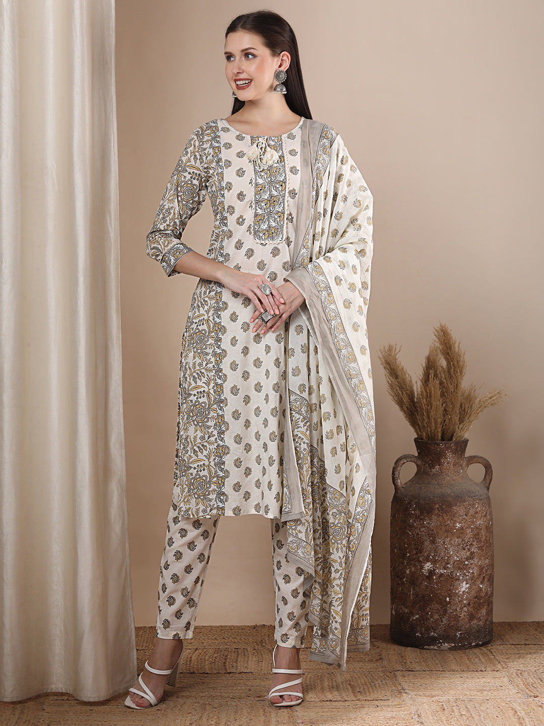 Floral Block Printed & Embroidered Straight Cut Kurta with Pant & Dupatta - Off White