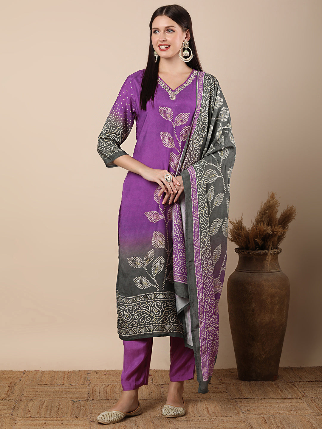 Ethnic Bandhani Printed & Gota Patti Work Straight Kurta with Pant & Dupatta - Purple