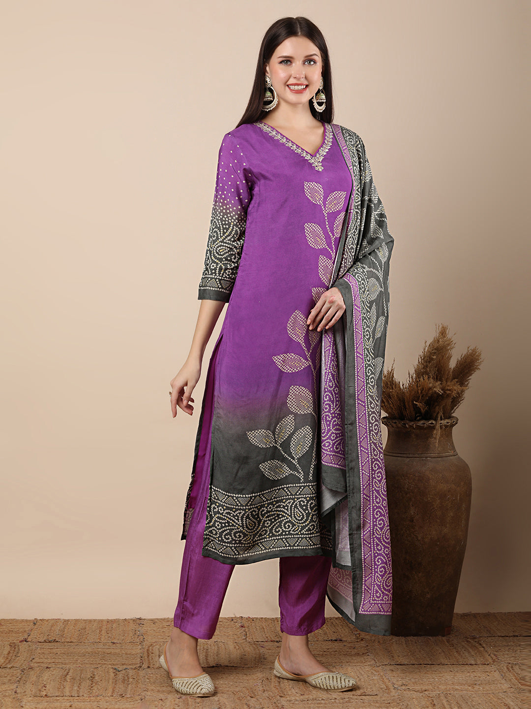 Ethnic Bandhani Printed & Gota Patti Work Straight Kurta with Pant & Dupatta - Purple