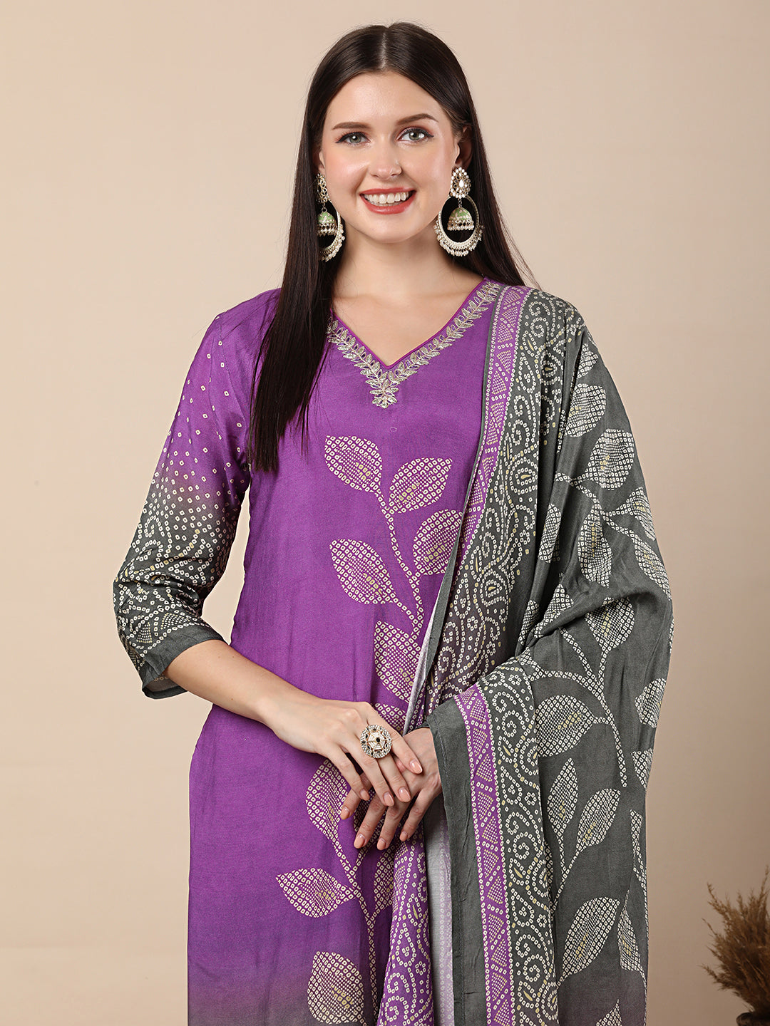 Ethnic Bandhani Printed & Gota Patti Work Straight Kurta with Pant & Dupatta - Purple
