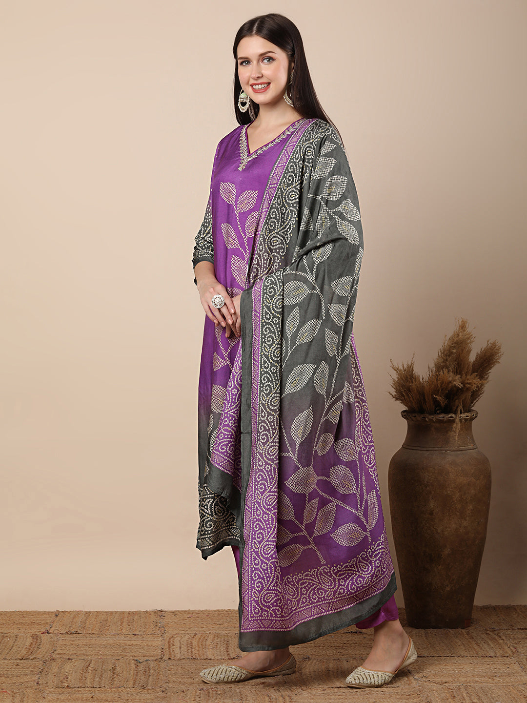 Ethnic Bandhani Printed & Gota Patti Work Straight Kurta with Pant & Dupatta - Purple