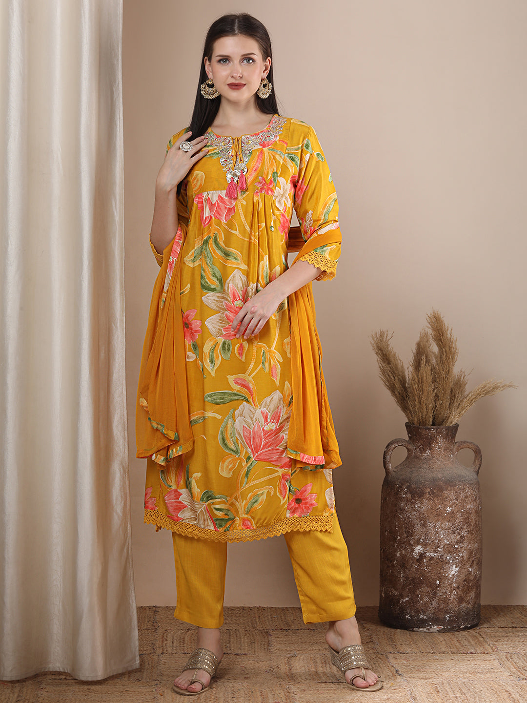 Abstract Floral Printed Embroidered A-Line Pleated Kurta with Pant and Dupatta - Mustard