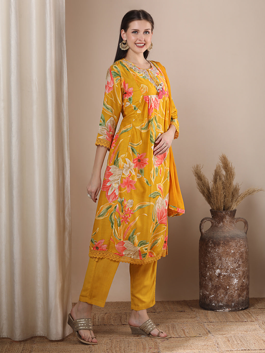 Abstract Floral Printed Embroidered A-Line Pleated Kurta with Pant and Dupatta - Mustard