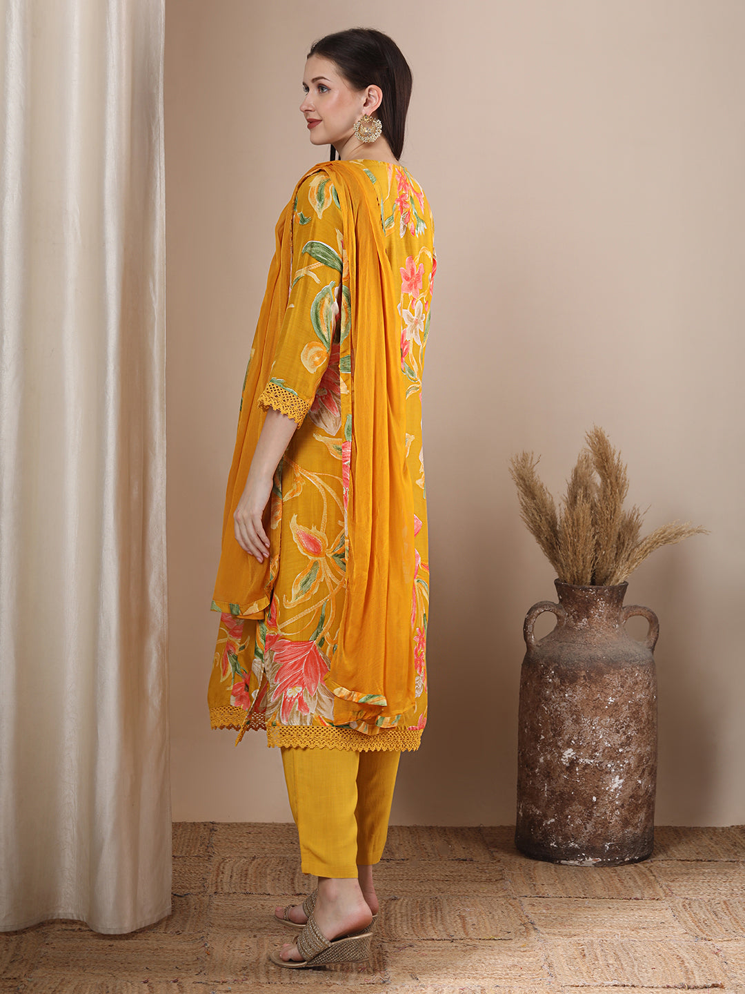 Abstract Floral Printed Embroidered A-Line Pleated Kurta with Pant and Dupatta - Mustard