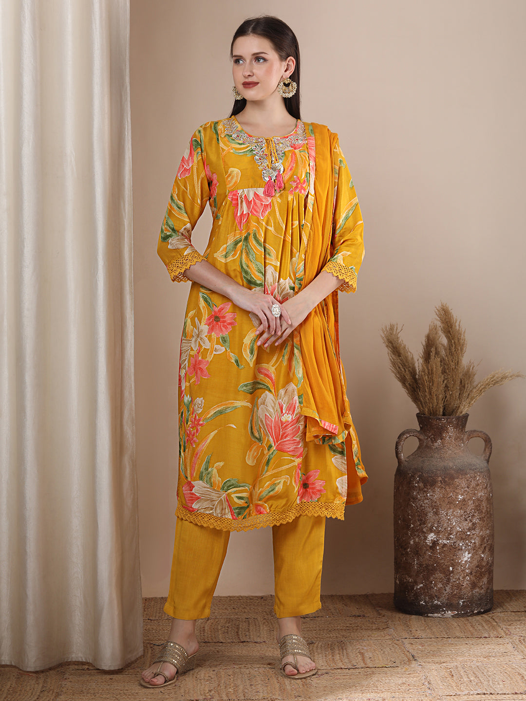 Abstract Floral Printed Embroidered A-Line Pleated Kurta with Pant and Dupatta - Mustard