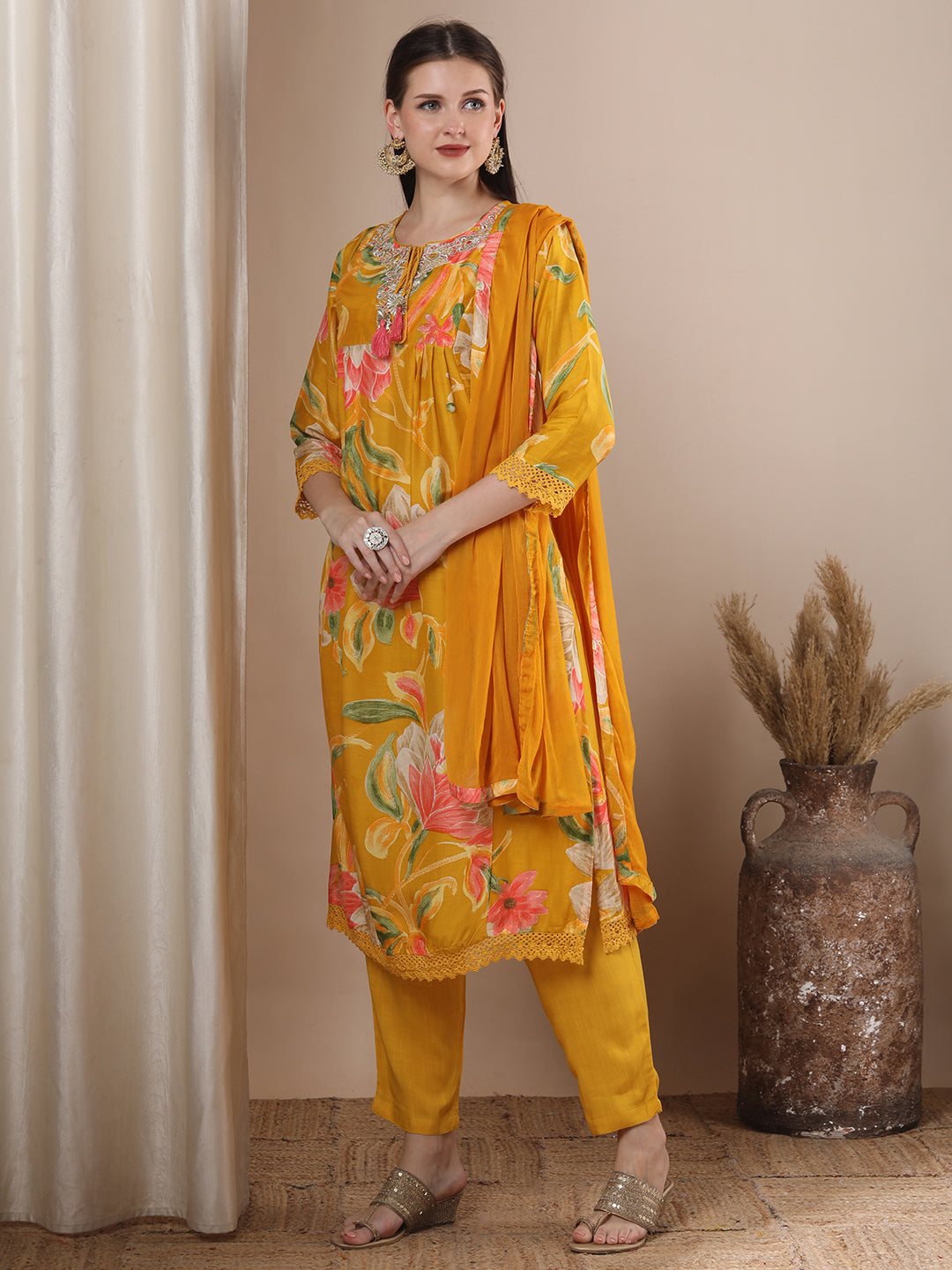 Abstract Floral Printed Embroidered A-Line Pleated Kurta with Pant and Dupatta - Mustard