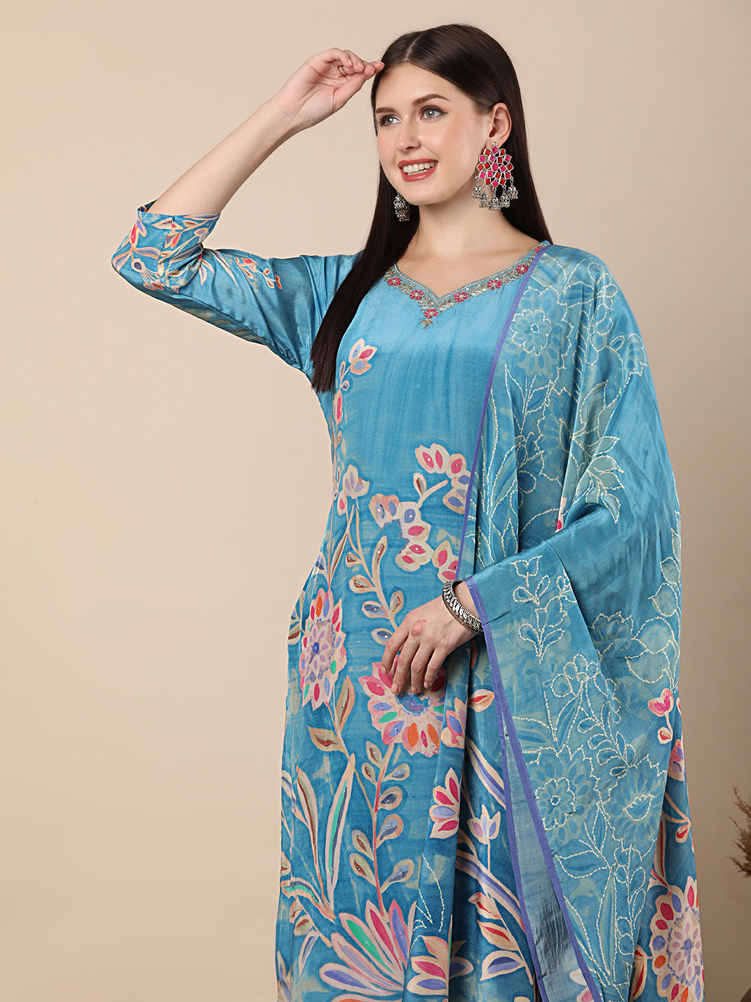 Floral Printed Straight Fit Kurta with Pant & Dupatta - Blue