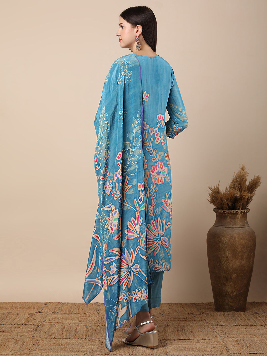 Floral Printed Straight Fit Kurta with Pant & Dupatta - Blue