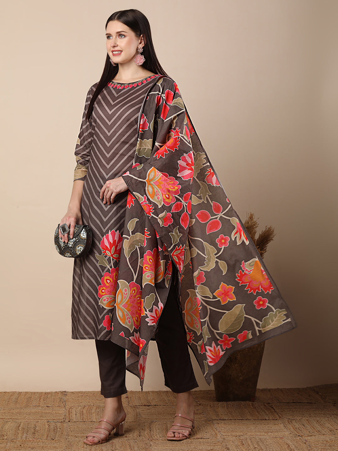 Abstract Floral Printed & Embroidered Straight Kurta with Pant & Dupatta - Grey