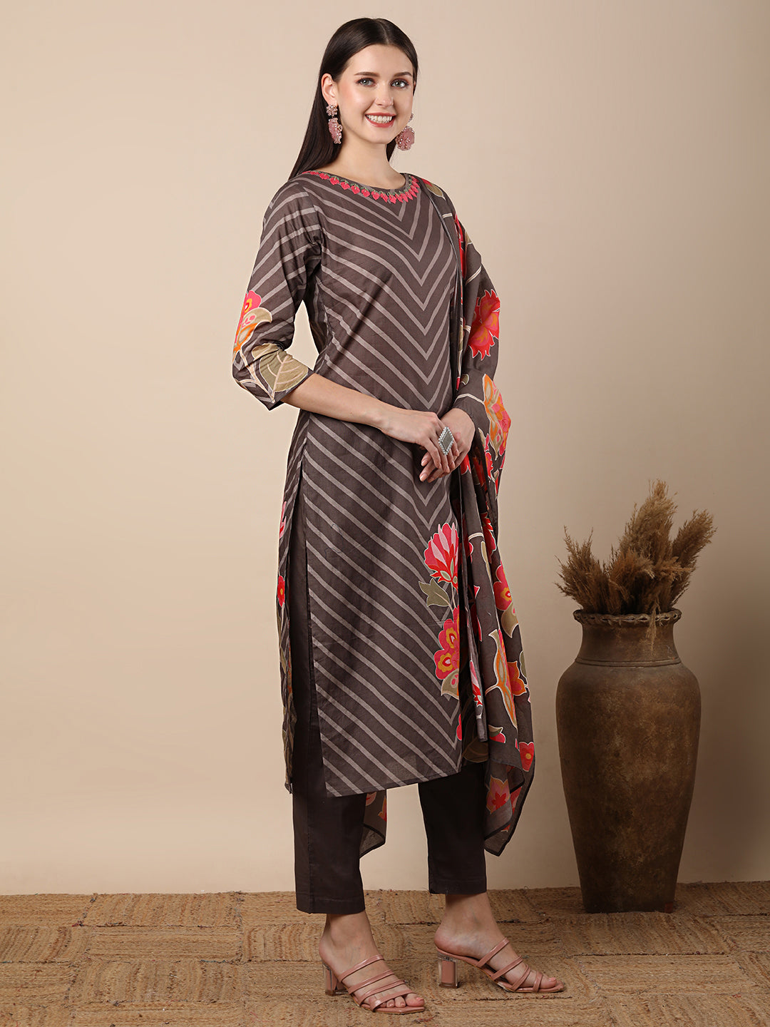 Abstract Floral Printed & Embroidered Straight Kurta with Pant & Dupatta - Grey