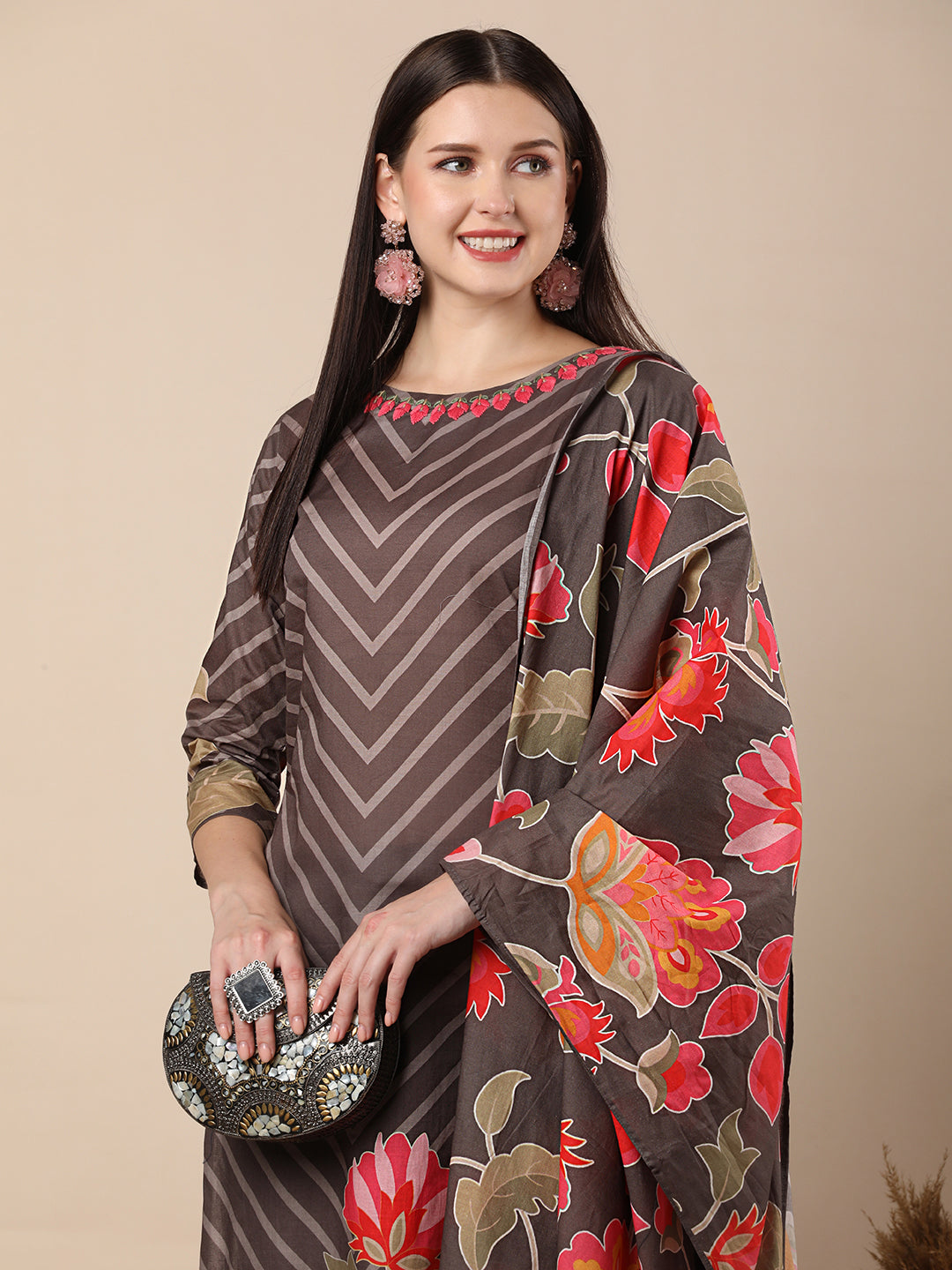 Abstract Floral Printed & Embroidered Straight Kurta with Pant & Dupatta - Grey