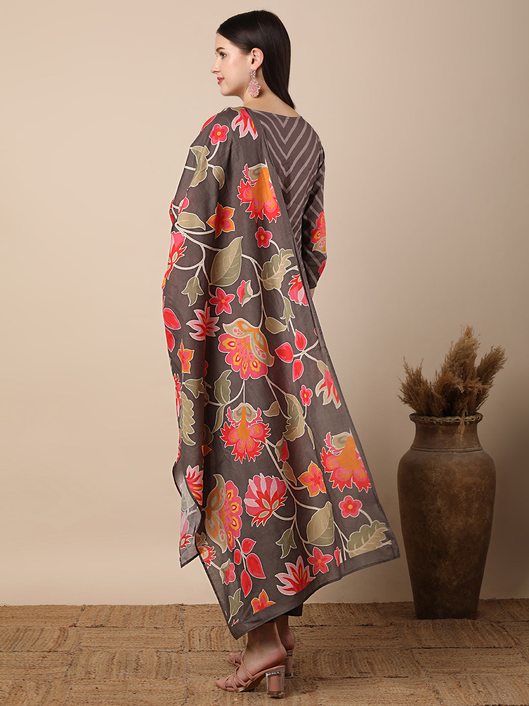 Abstract Floral Printed & Embroidered Straight Kurta with Pant & Dupatta - Grey