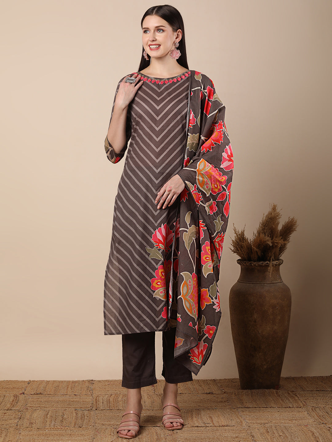 Abstract Floral Printed & Embroidered Straight Kurta with Pant & Dupatta - Grey