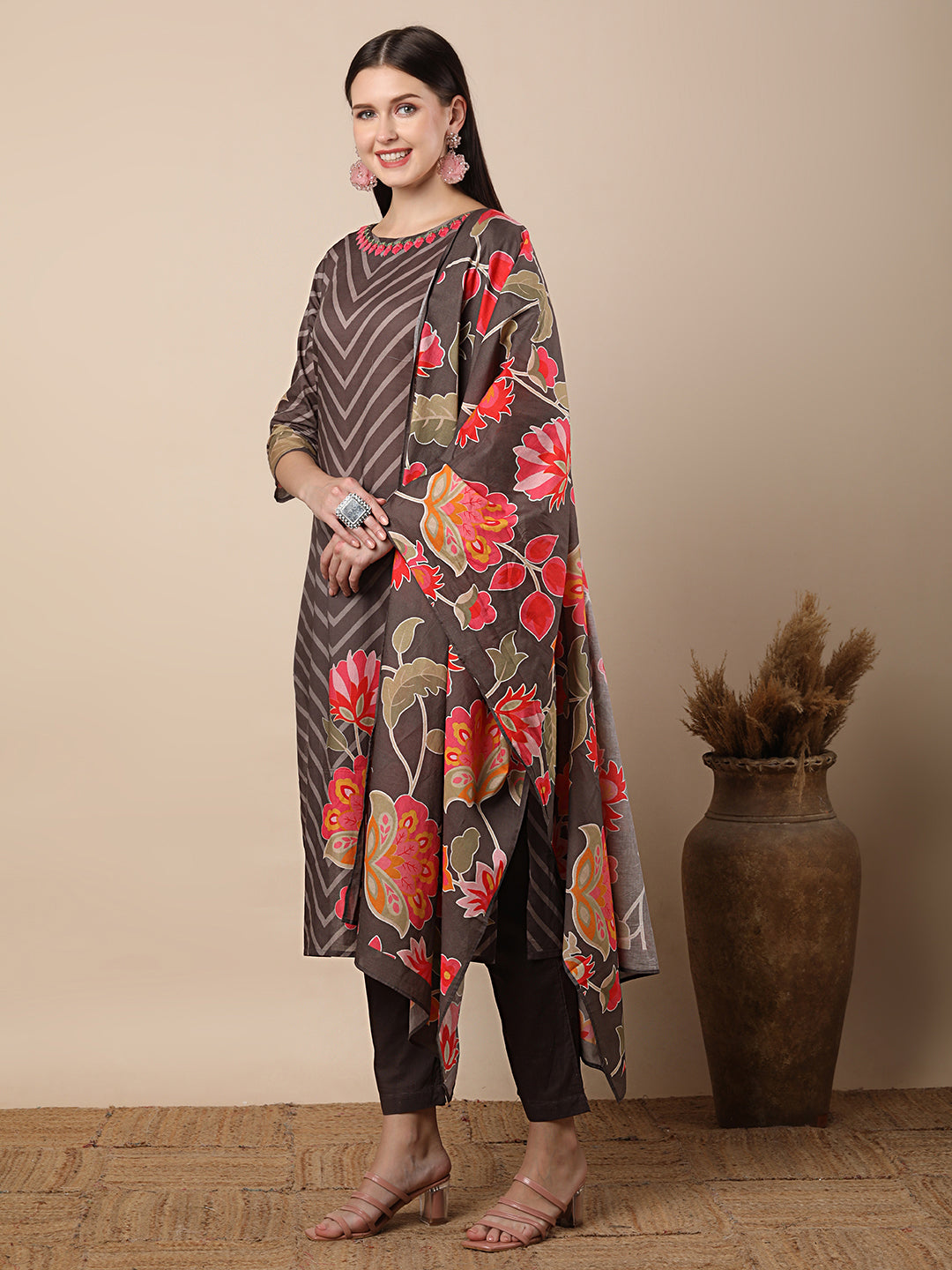 Abstract Floral Printed & Embroidered Straight Kurta with Pant & Dupatta - Grey