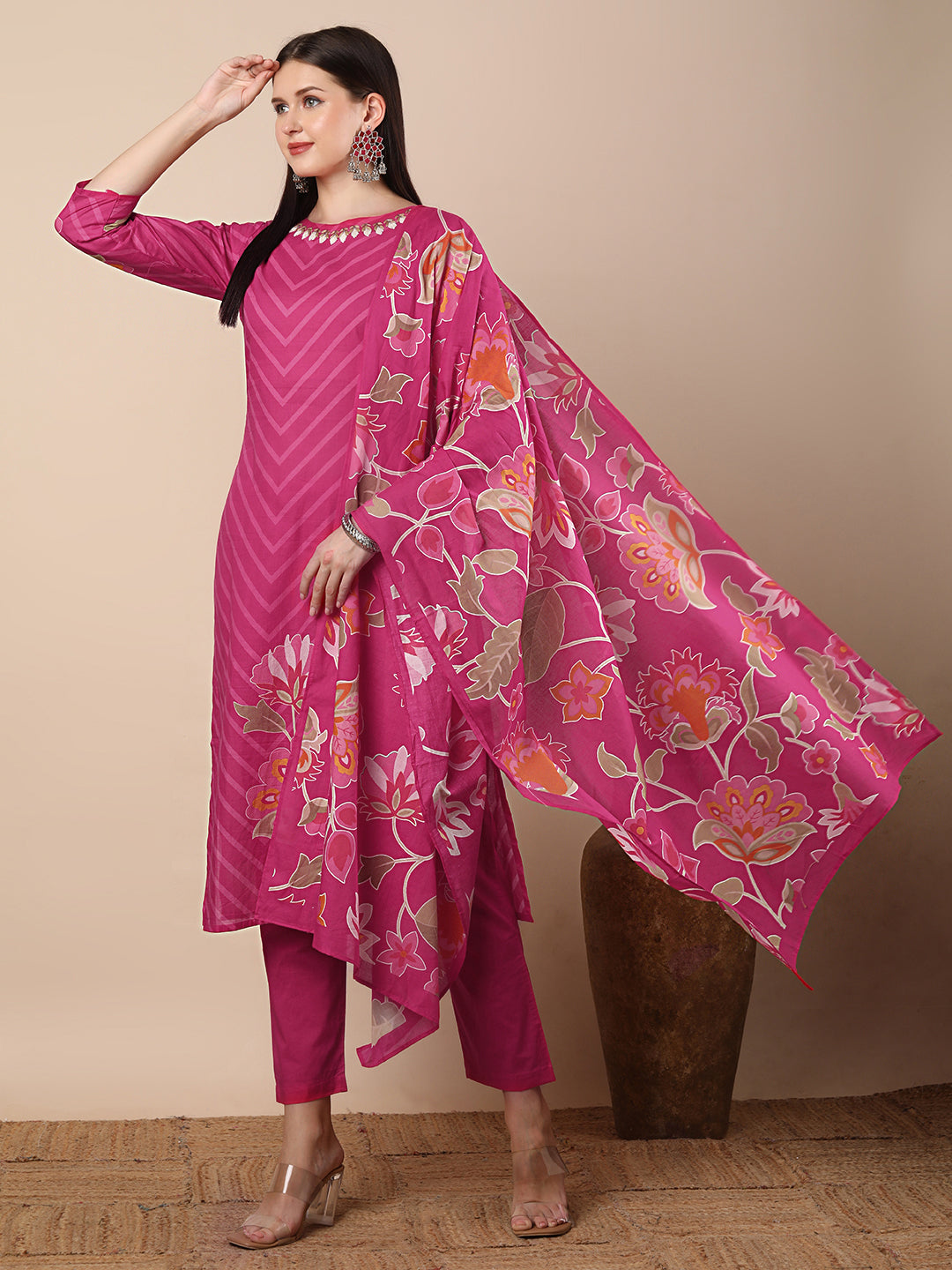 Abstract Floral Printed & Embroidered Straight Kurta with Pant & Dupatta - Pink
