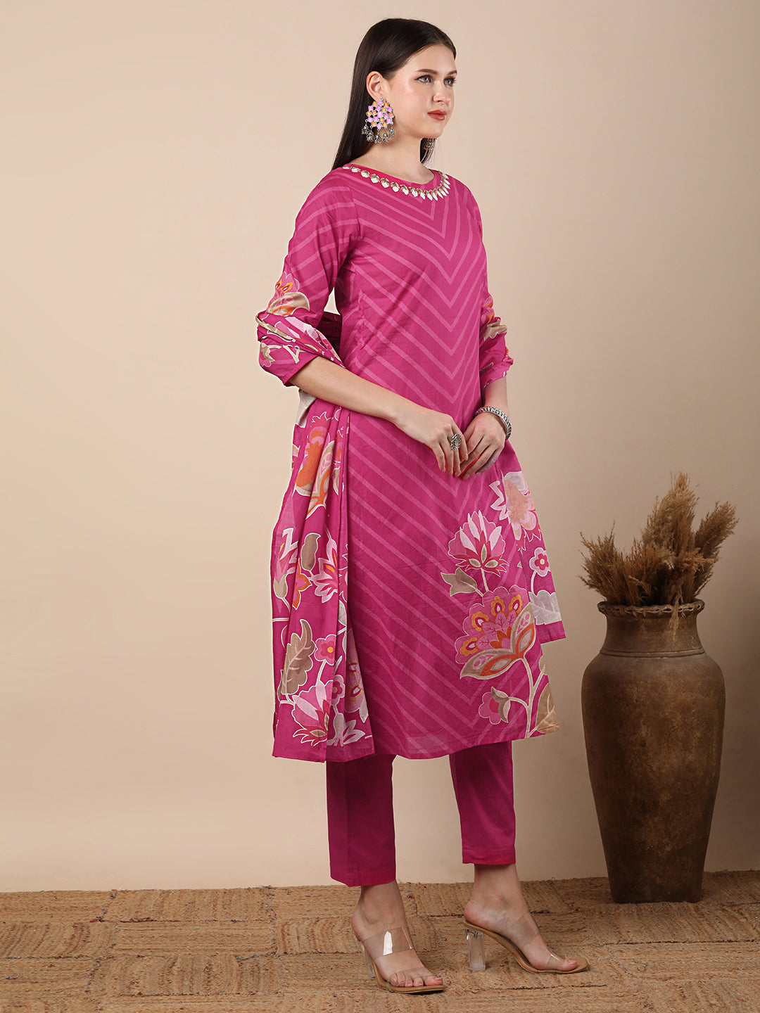 Abstract Floral Printed & Embroidered Straight Kurta with Pant & Dupatta - Pink