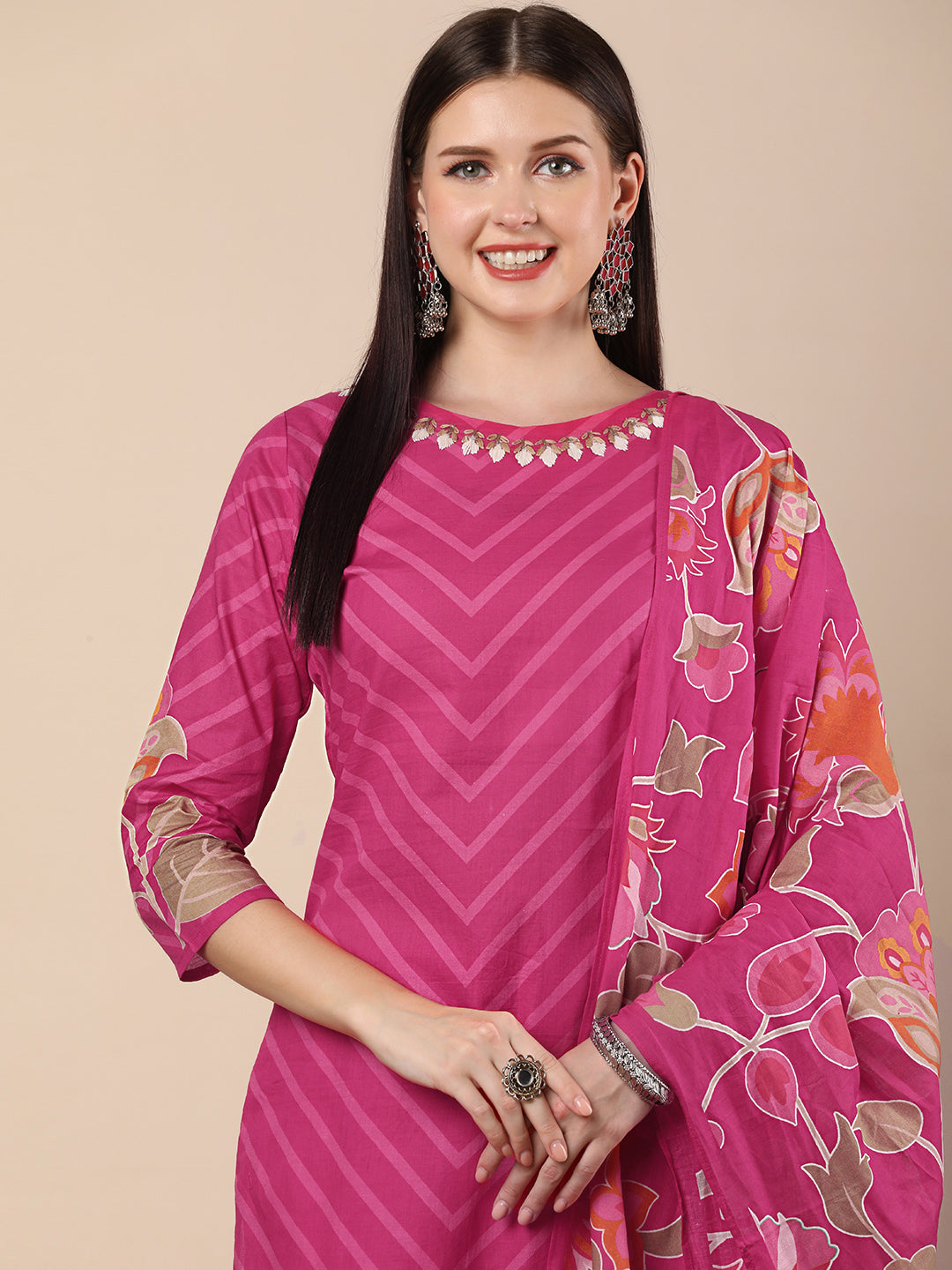 Abstract Floral Printed & Embroidered Straight Kurta with Pant & Dupatta - Pink