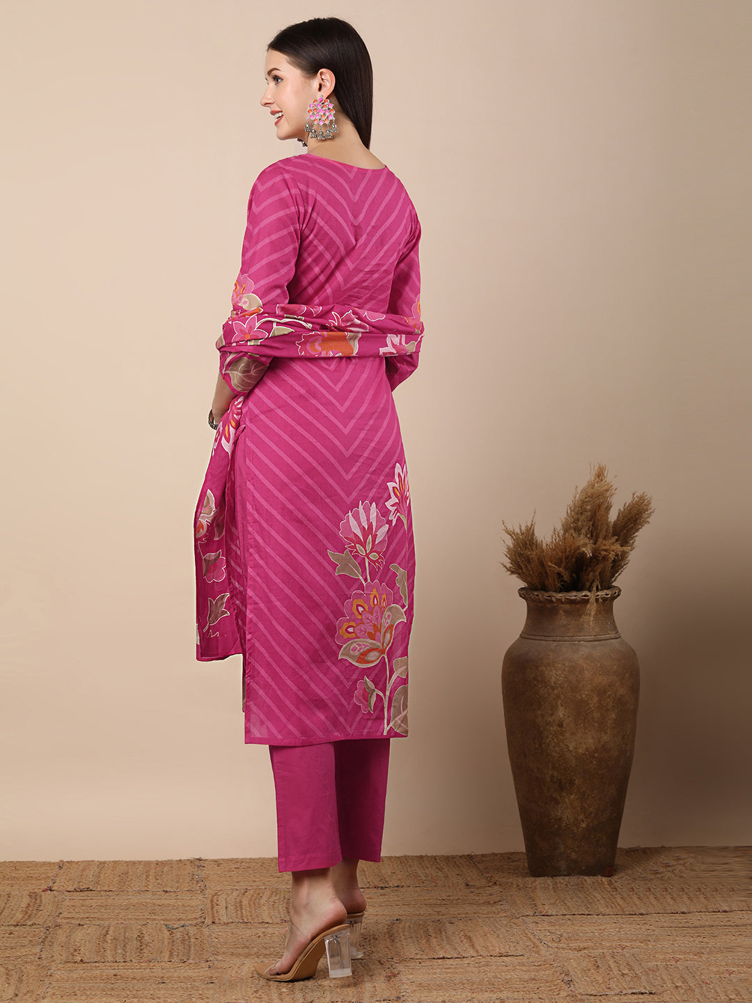 Abstract Floral Printed & Embroidered Straight Kurta with Pant & Dupatta - Pink