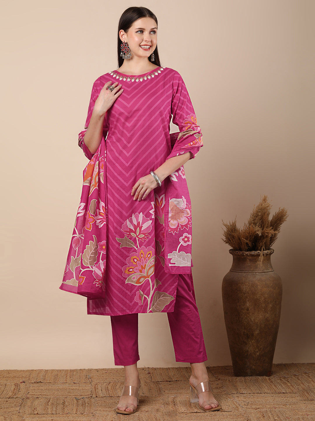 Abstract Floral Printed & Embroidered Straight Kurta with Pant & Dupatta - Pink