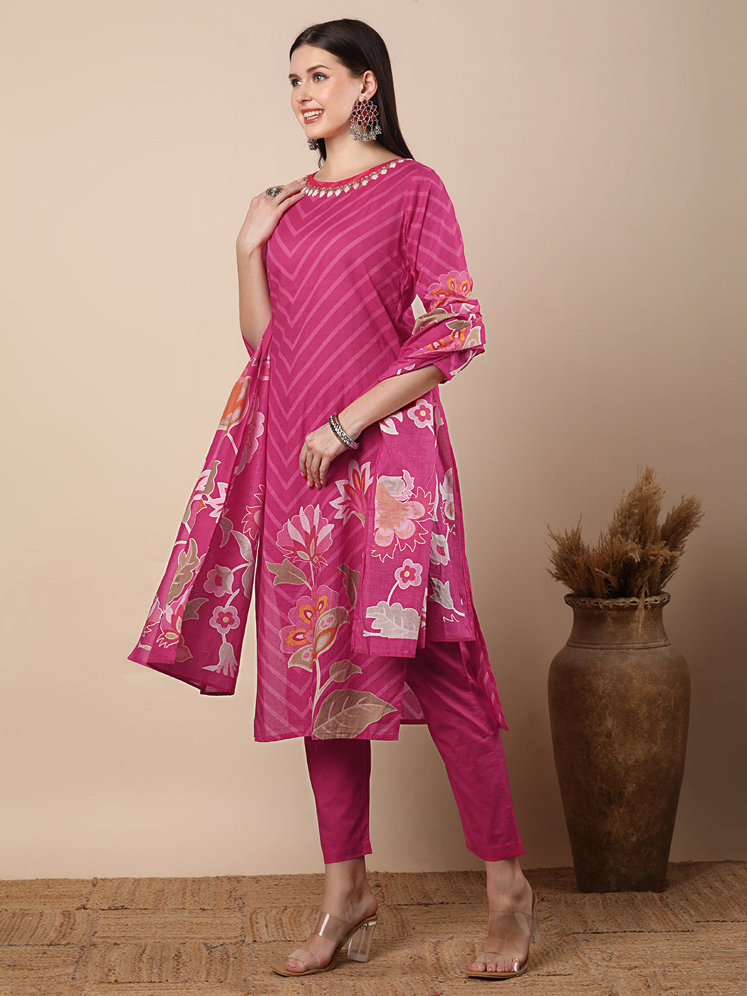 Abstract Floral Printed & Embroidered Straight Kurta with Pant & Dupatta - Pink