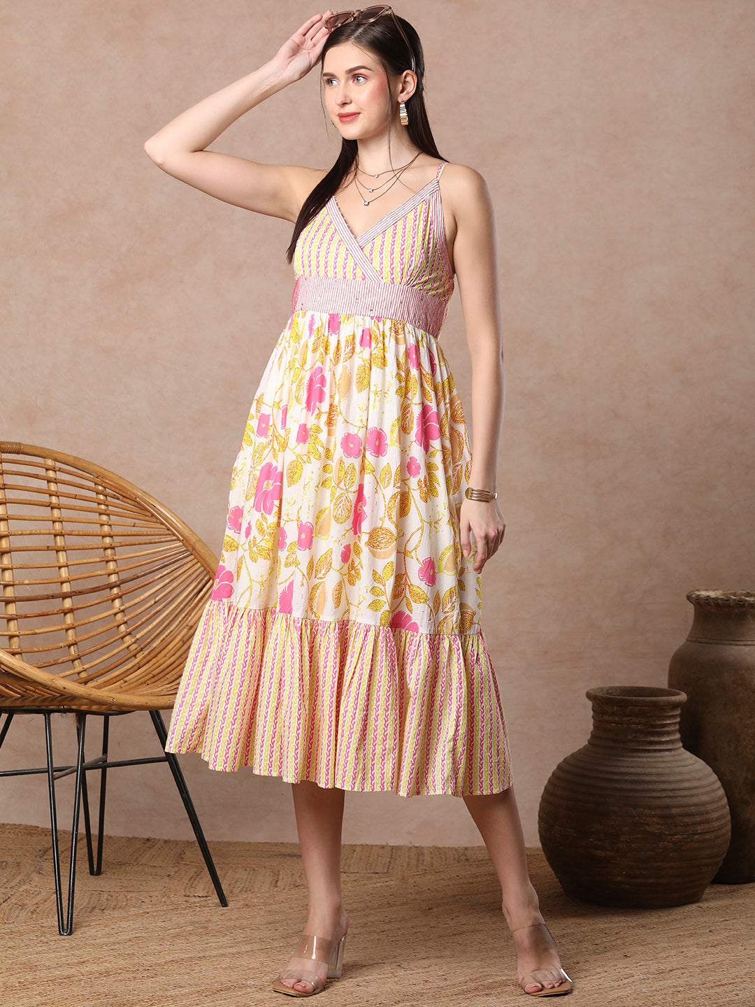 Ethnic Floral Printed A-Line Pleated Midi Dress - Off White
