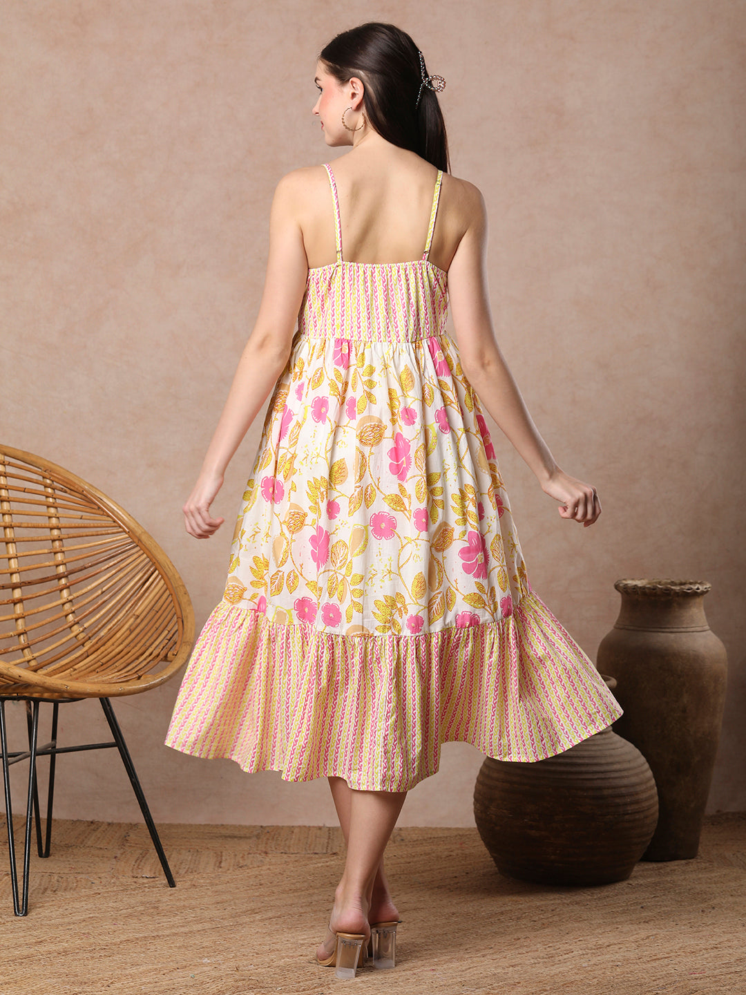 Ethnic Floral Printed A-Line Pleated Midi Dress - Off White
