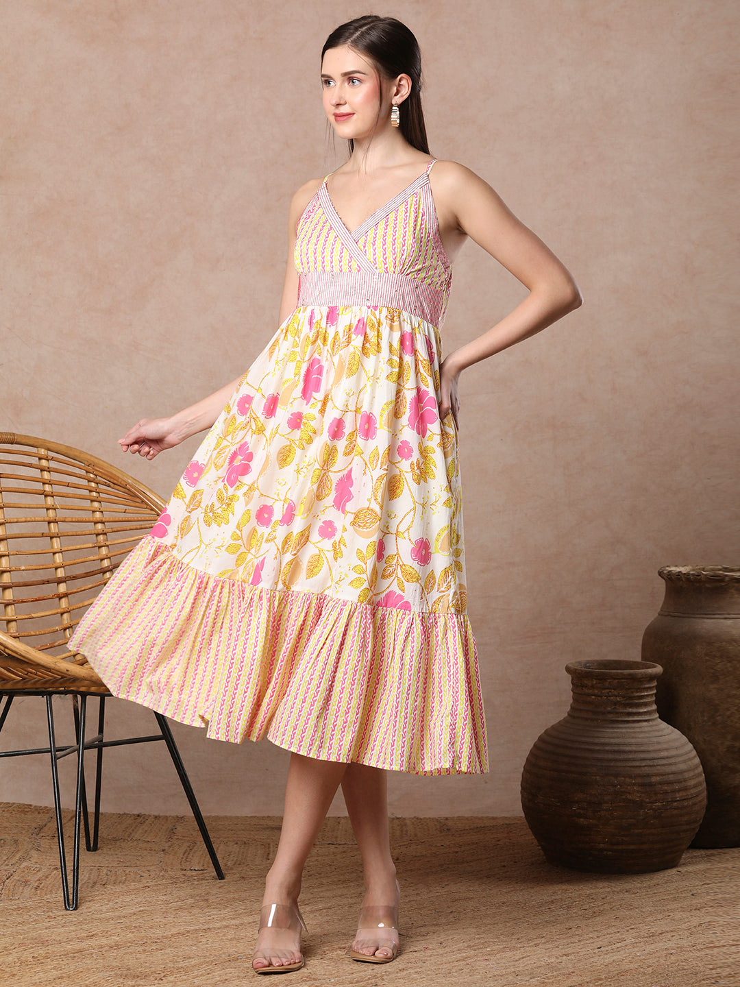 Ethnic Floral Printed A-Line Pleated Midi Dress - Off White