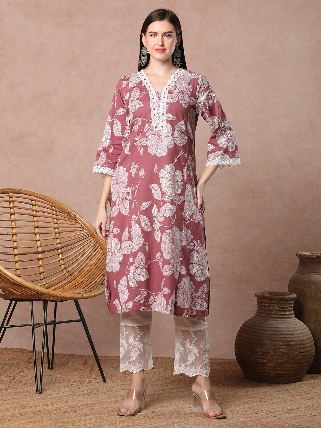 Ethnic & Floral Printed Straight Fit Cotton Flax Kurta - Pink