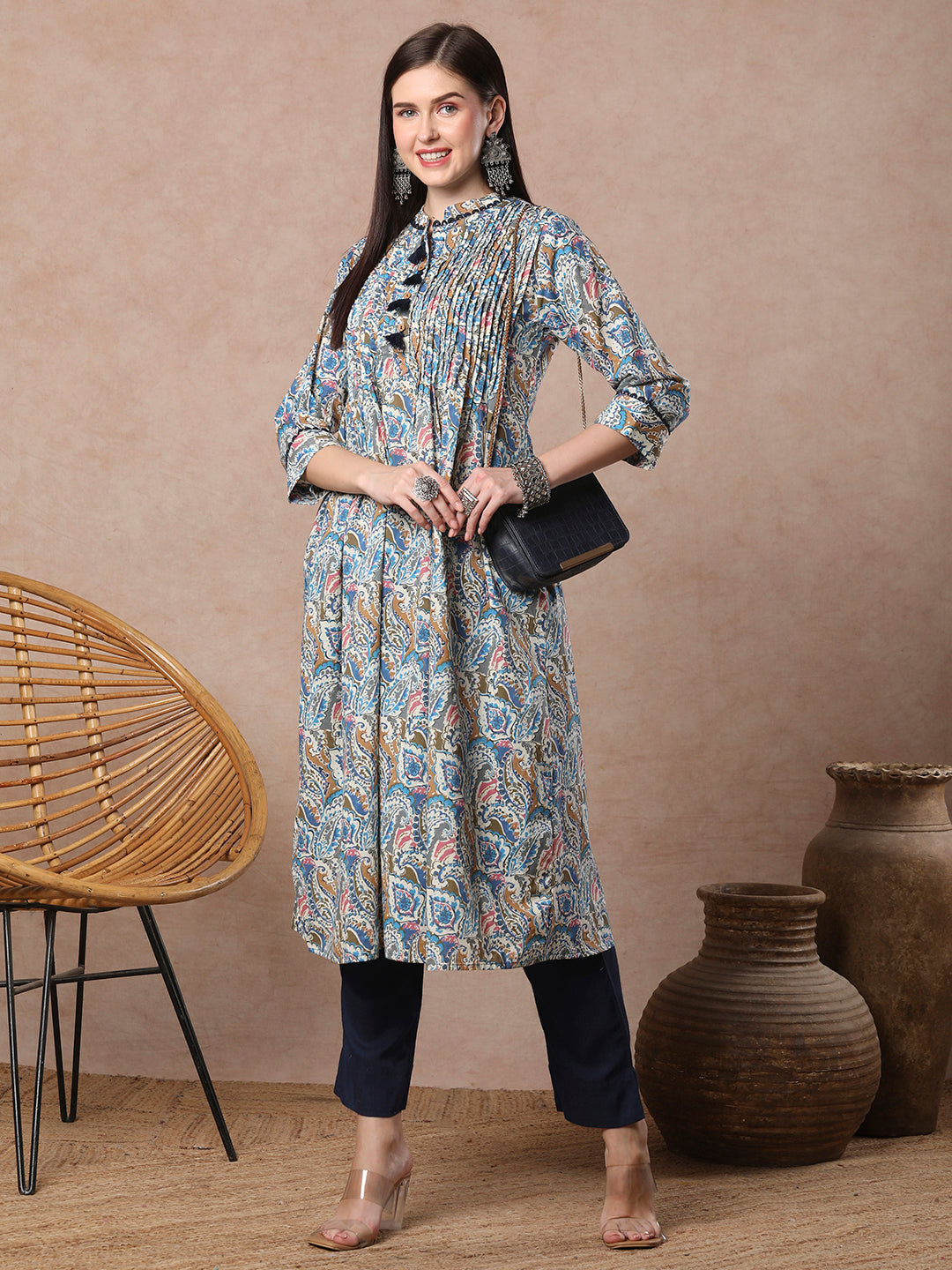 Ethnic Paisley Printed & Pin Tucked A-Line Flared Cotton Kurta - Blue