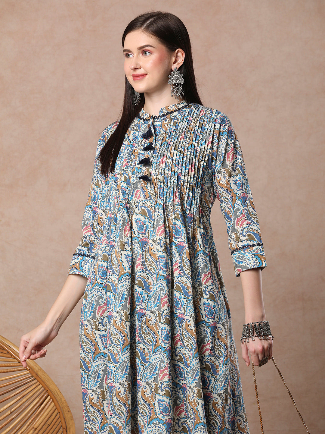 Ethnic Paisley Printed & Pin Tucked A-Line Flared Cotton Kurta - Blue