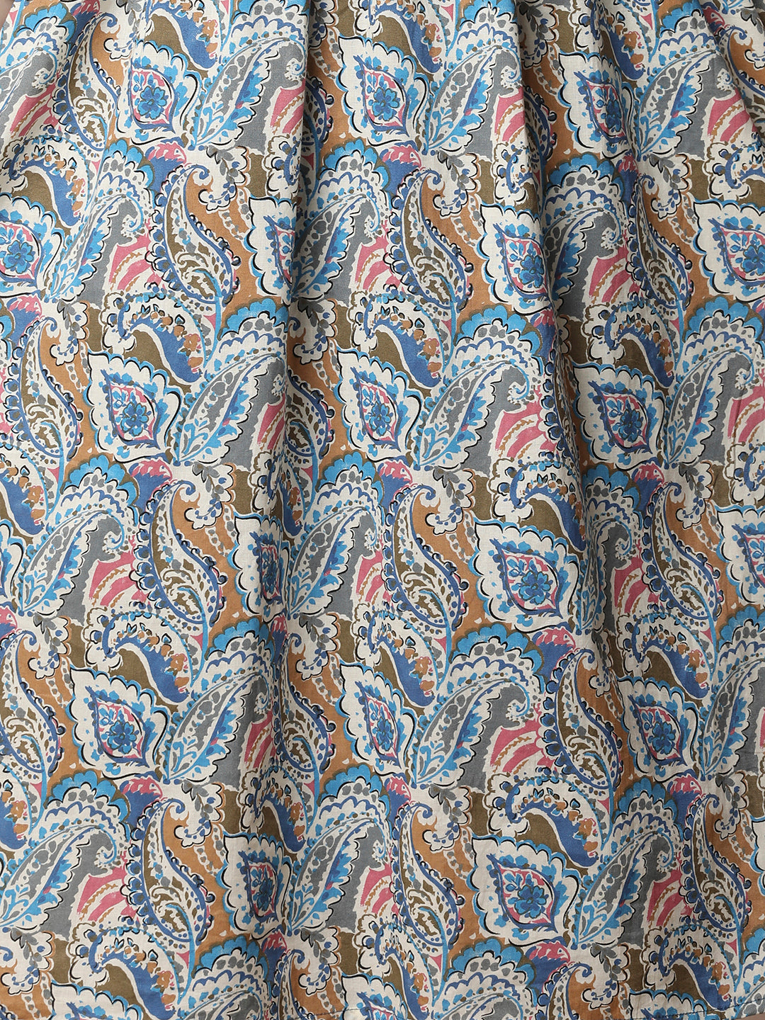 Ethnic Paisley Printed & Pin Tucked A-Line Flared Cotton Kurta - Blue