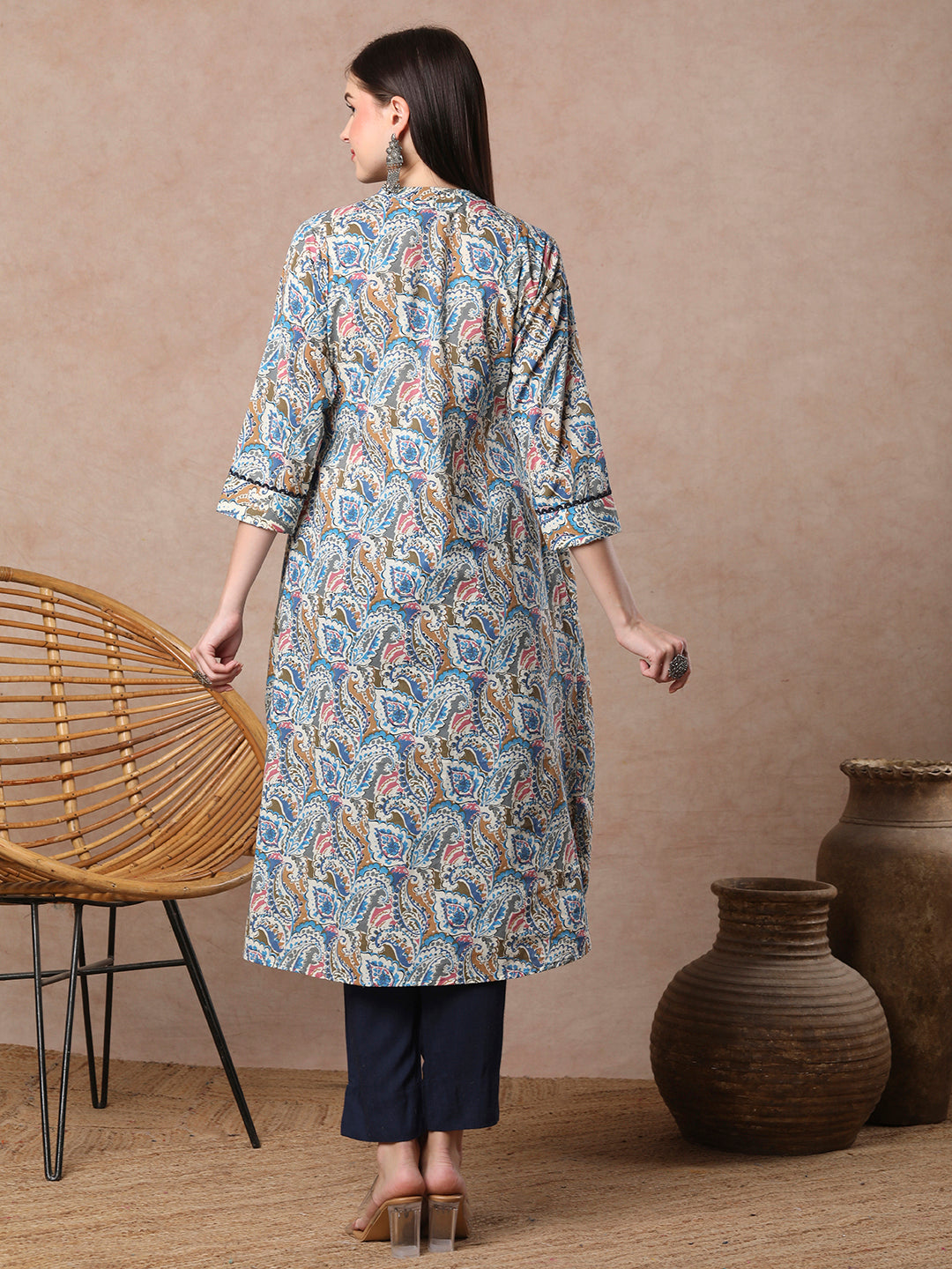 Ethnic Paisley Printed & Pin Tucked A-Line Flared Cotton Kurta - Blue