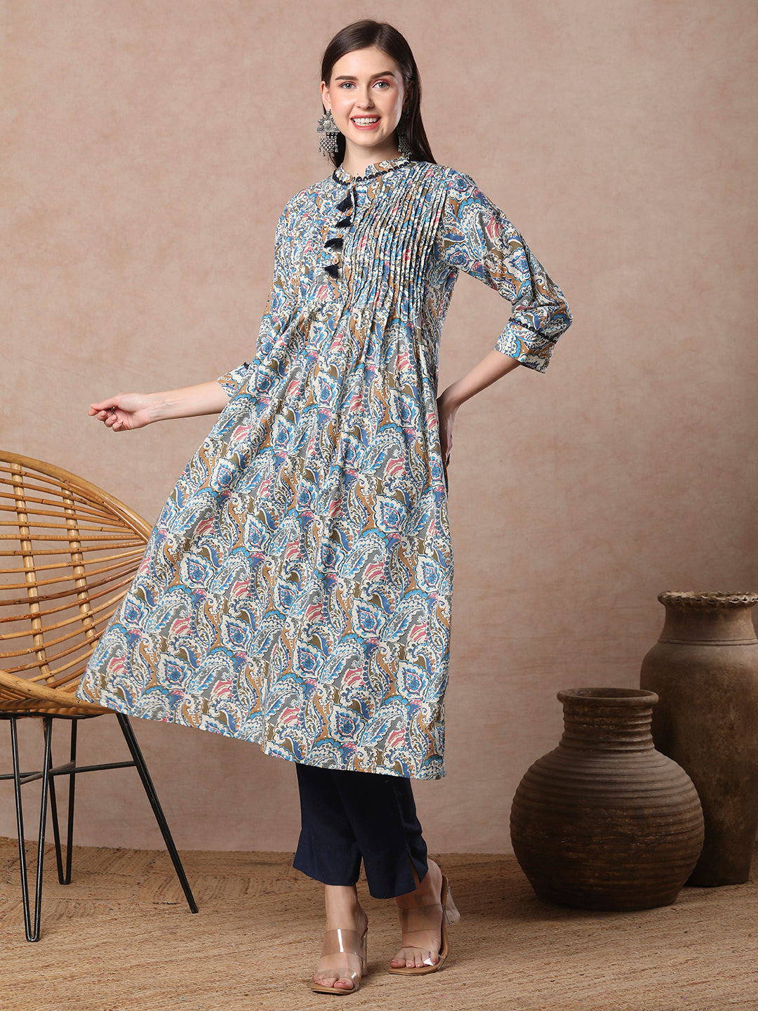 Ethnic Paisley Printed & Pin Tucked A-Line Flared Cotton Kurta - Blue