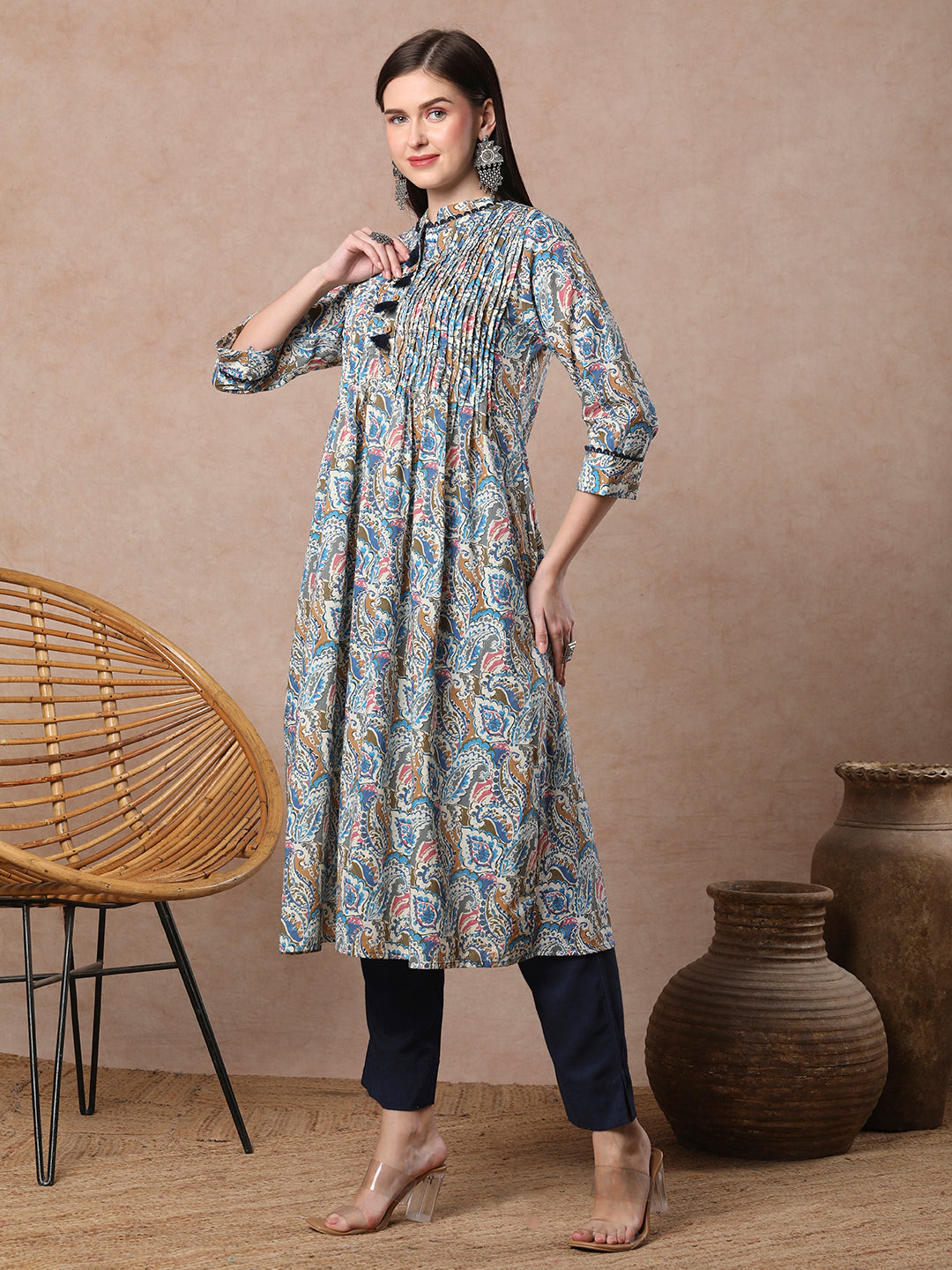 Ethnic Paisley Printed & Pin Tucked A-Line Flared Cotton Kurta - Blue