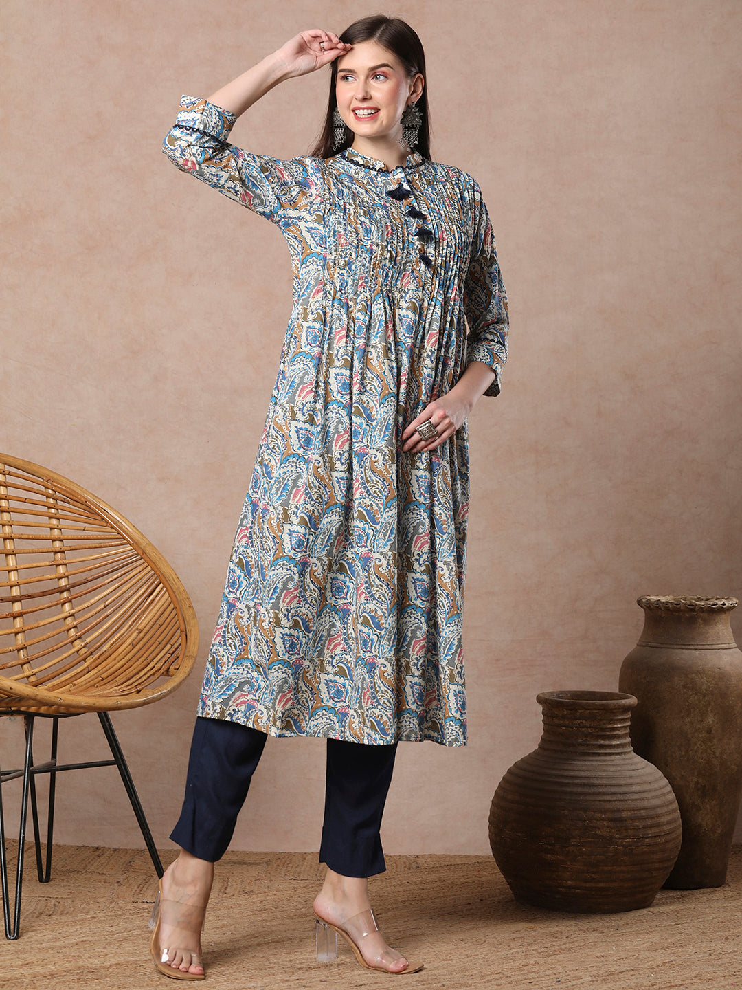 Ethnic Paisley Printed & Pin Tucked A-Line Flared Cotton Kurta - Blue