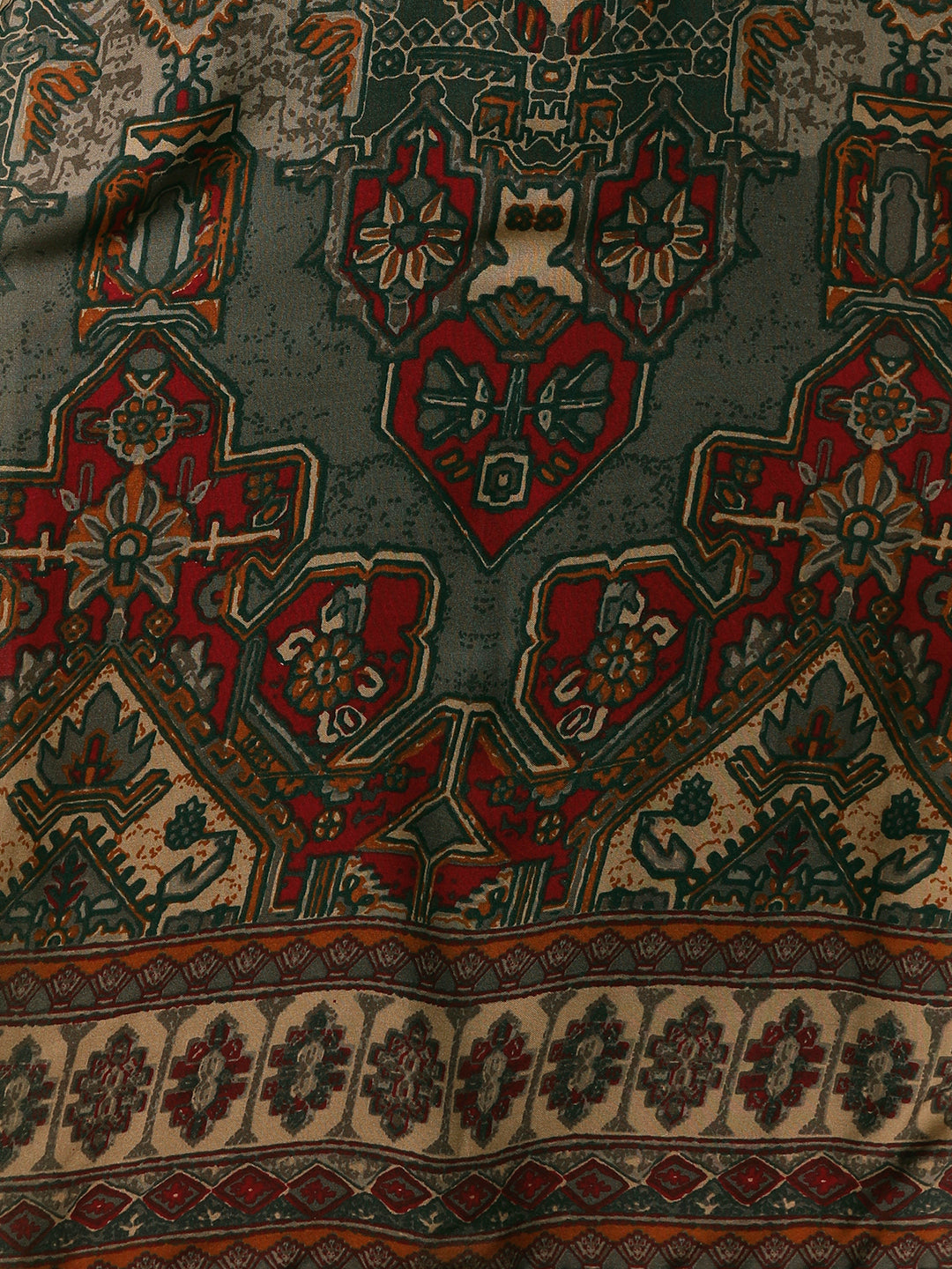 Ethnic Floral Printed & Cross Stitch Embroidered Straight Fit Kurta - Grey