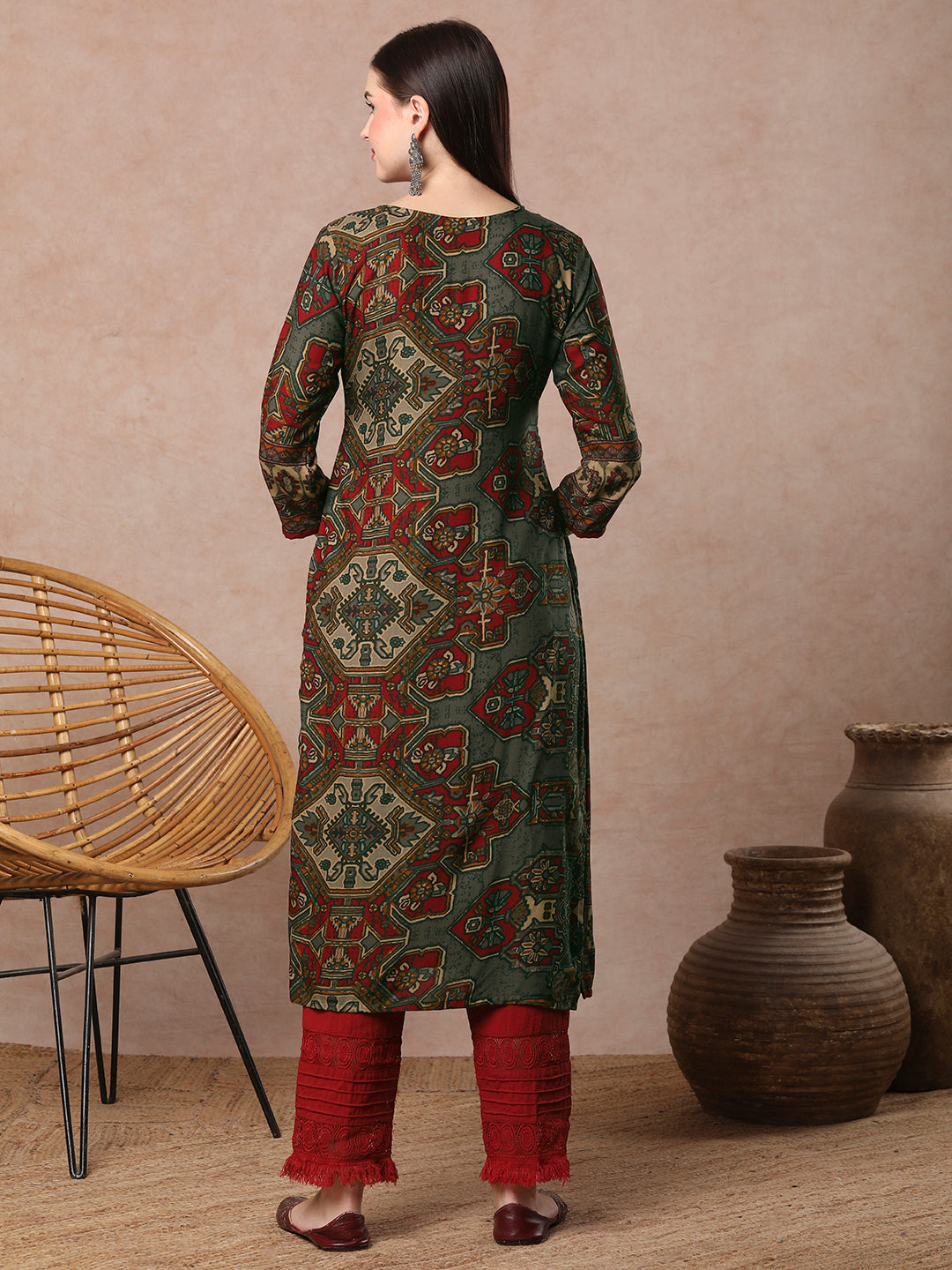 Ethnic Floral Printed & Cross Stitch Embroidered Straight Fit Kurta - Grey