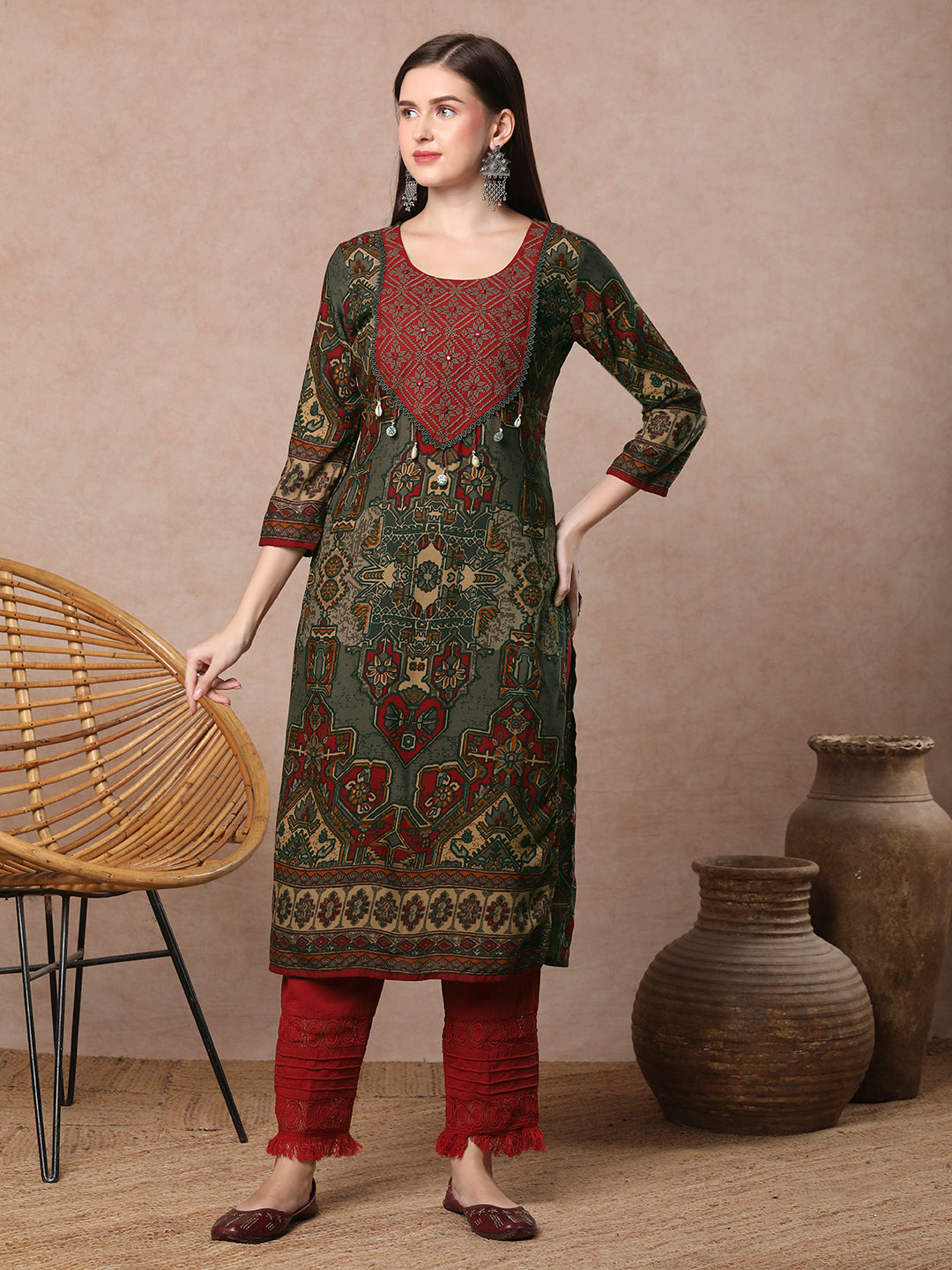 Ethnic Floral Printed & Cross Stitch Embroidered Straight Fit Kurta - Grey