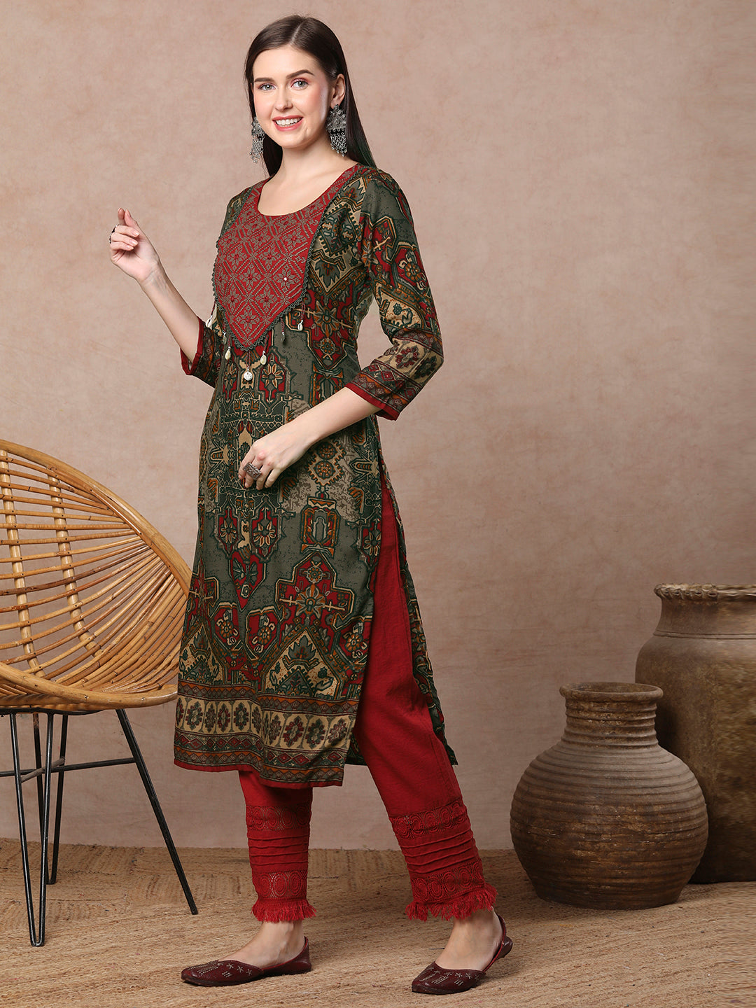 Ethnic Floral Printed & Cross Stitch Embroidered Straight Fit Kurta - Grey