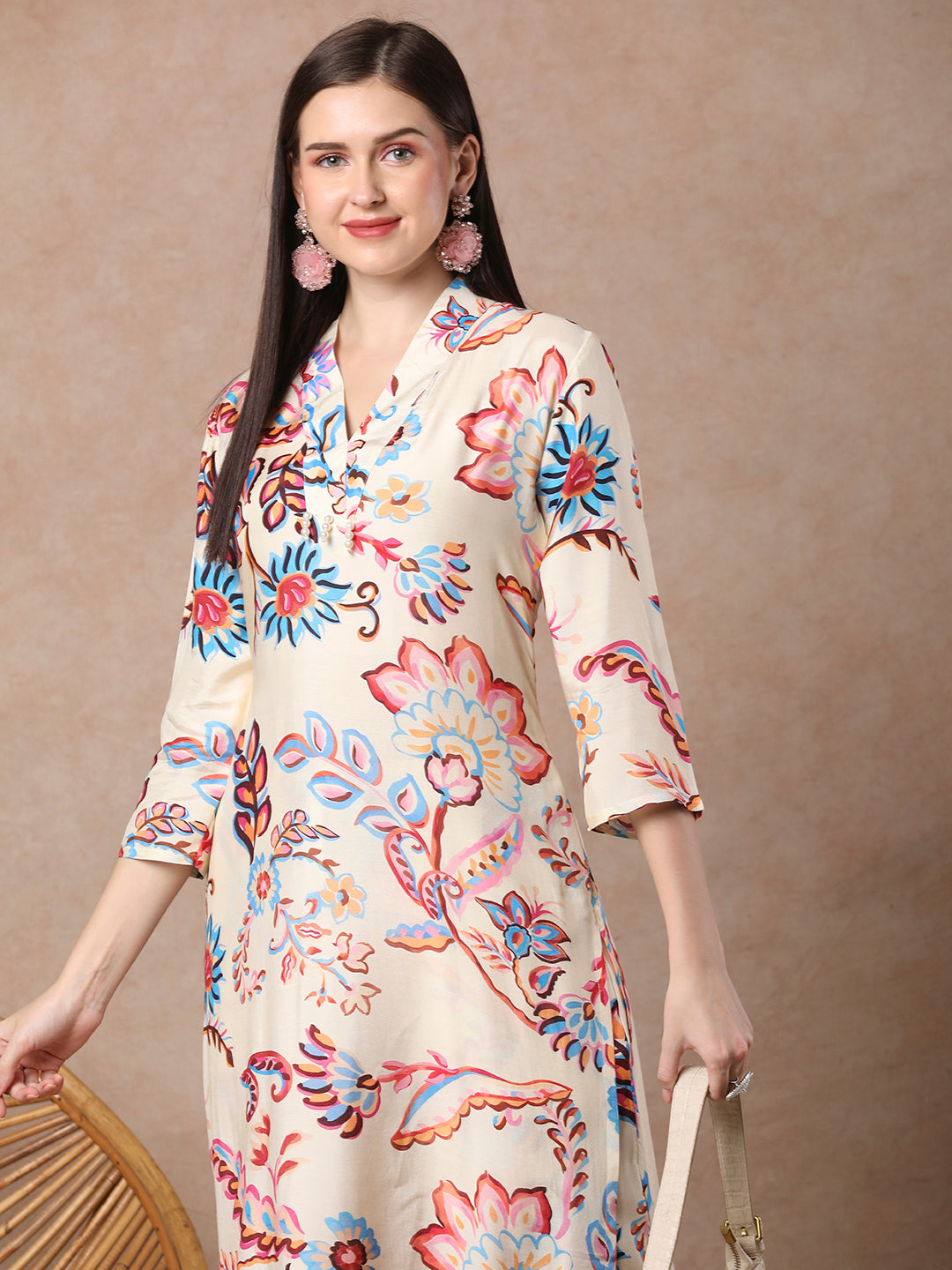 Abstract Floral Printed Straight Fit Co-ord Set - Off White