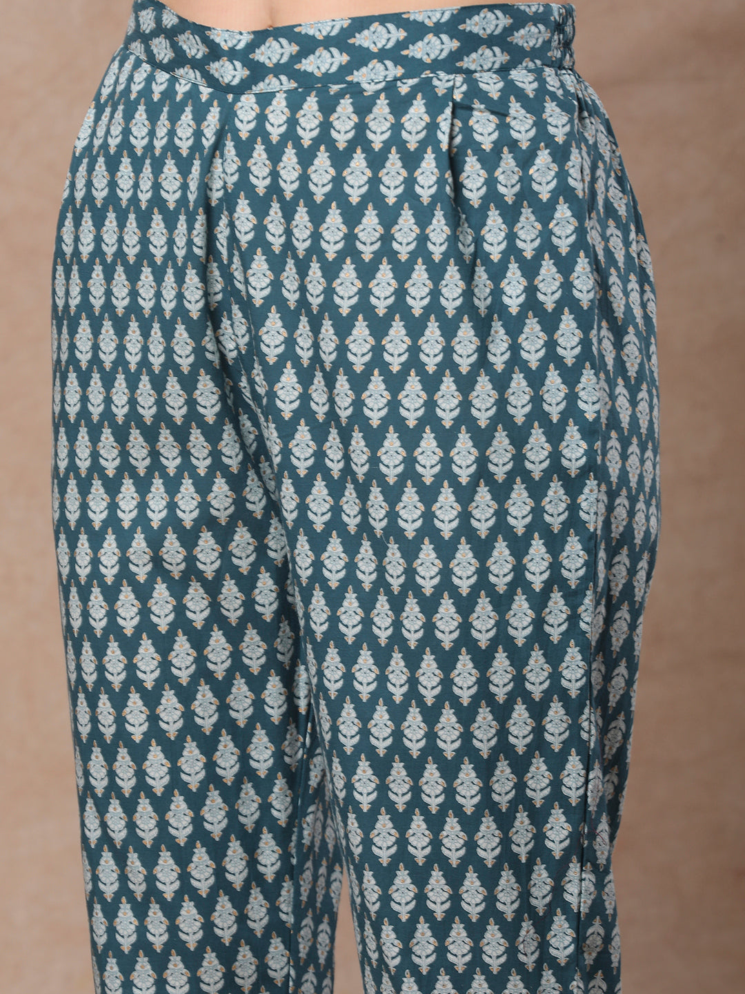 Ethnic Floral Printed & Embroidered Anarkali Flared Kurta with Pant - Blue