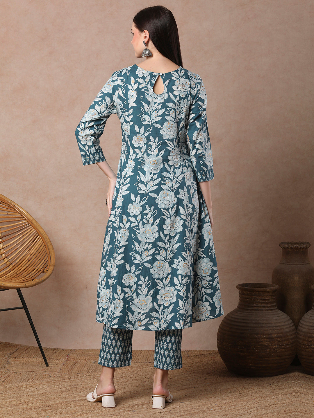 Ethnic Floral Printed & Embroidered Anarkali Flared Kurta with Pant - Blue