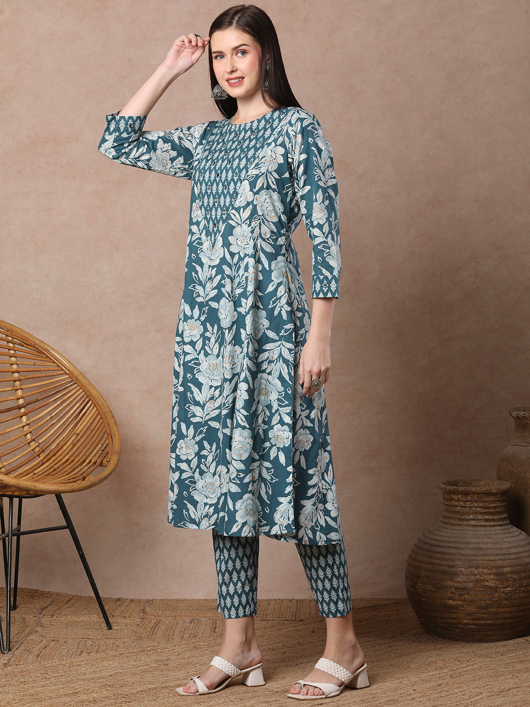 Ethnic Floral Printed & Embroidered Anarkali Flared Kurta with Pant - Blue