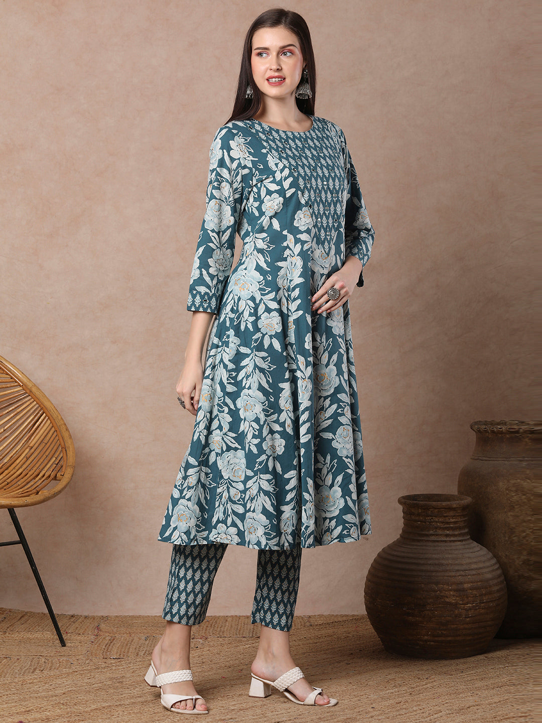 Ethnic Floral Printed & Embroidered Anarkali Flared Kurta with Pant - Blue
