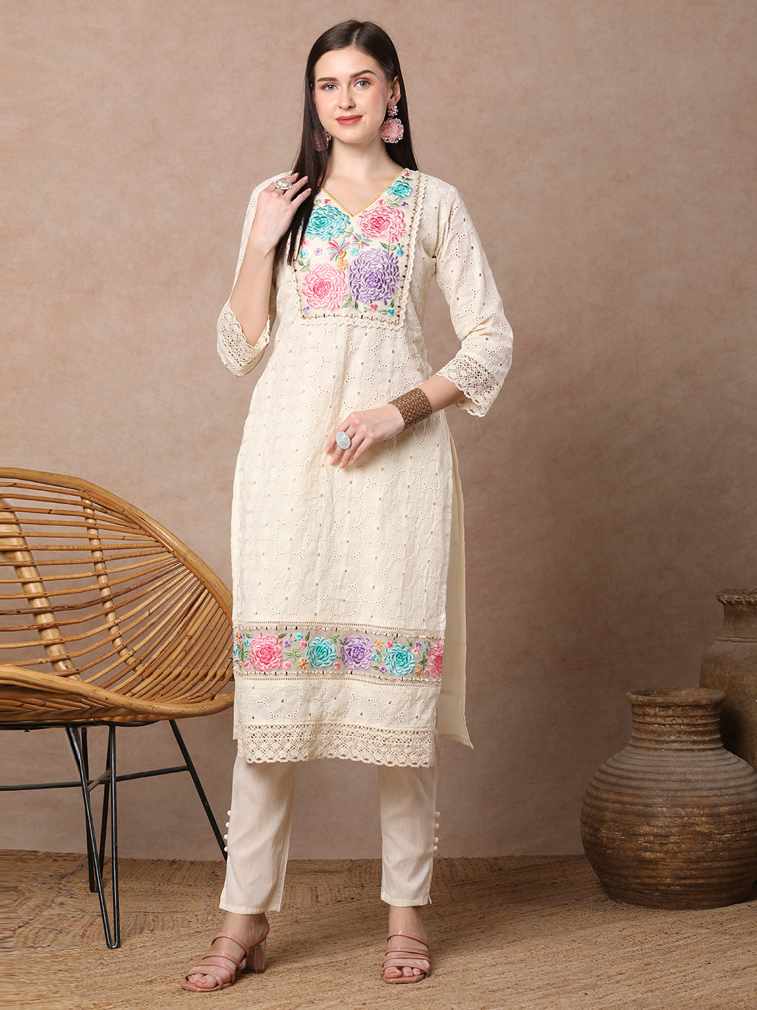 Solid Embossed Floral & Schiffli Embroidered Straight Fit Kurta with Pant - Off White