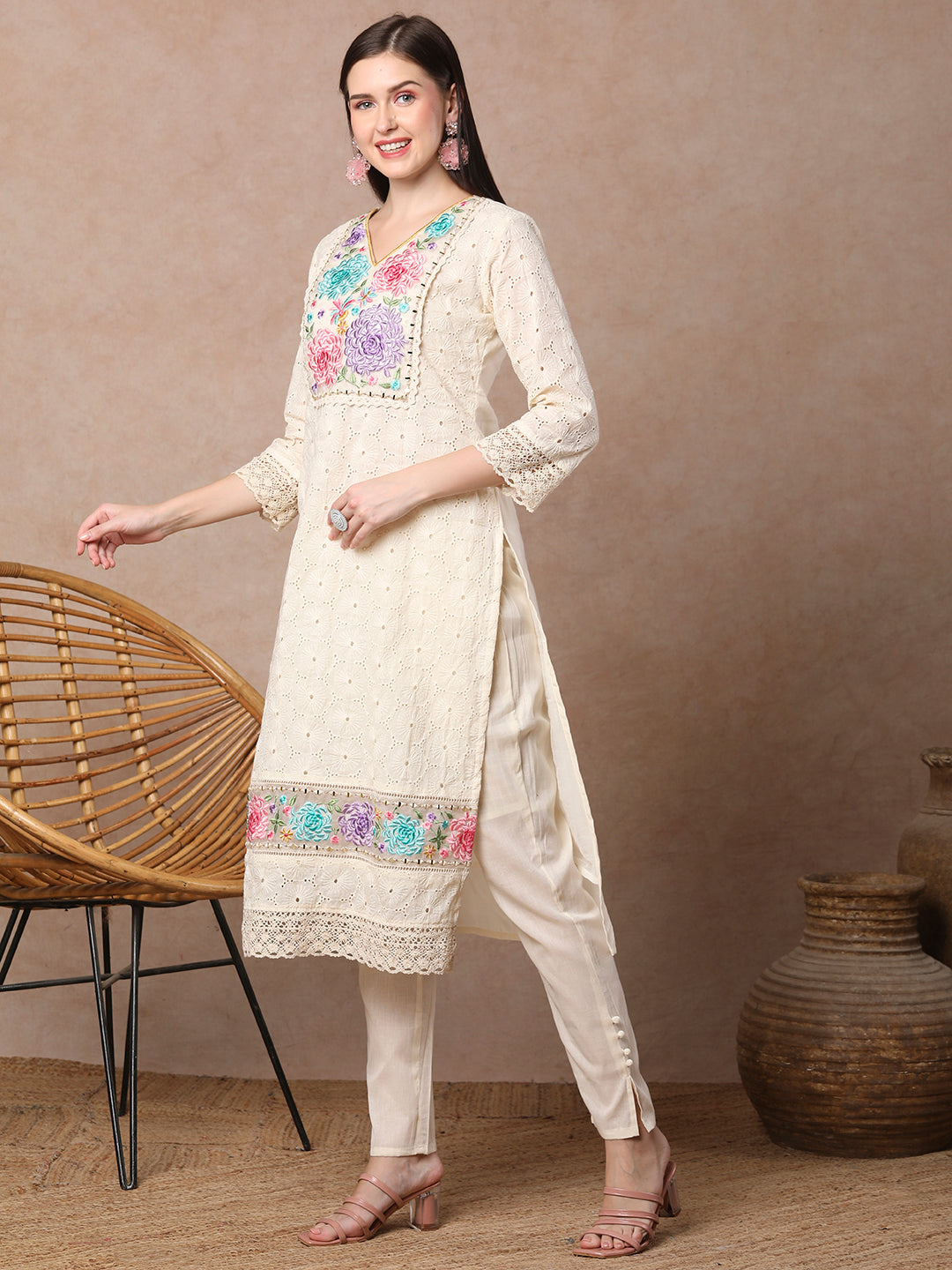 Solid Embossed Floral & Schiffli Embroidered Straight Fit Kurta with Pant - Off White