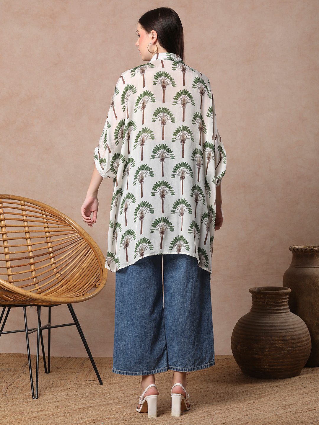 Coconut Tree Printed Kaftan Chinnon Chiffon Top - Off White