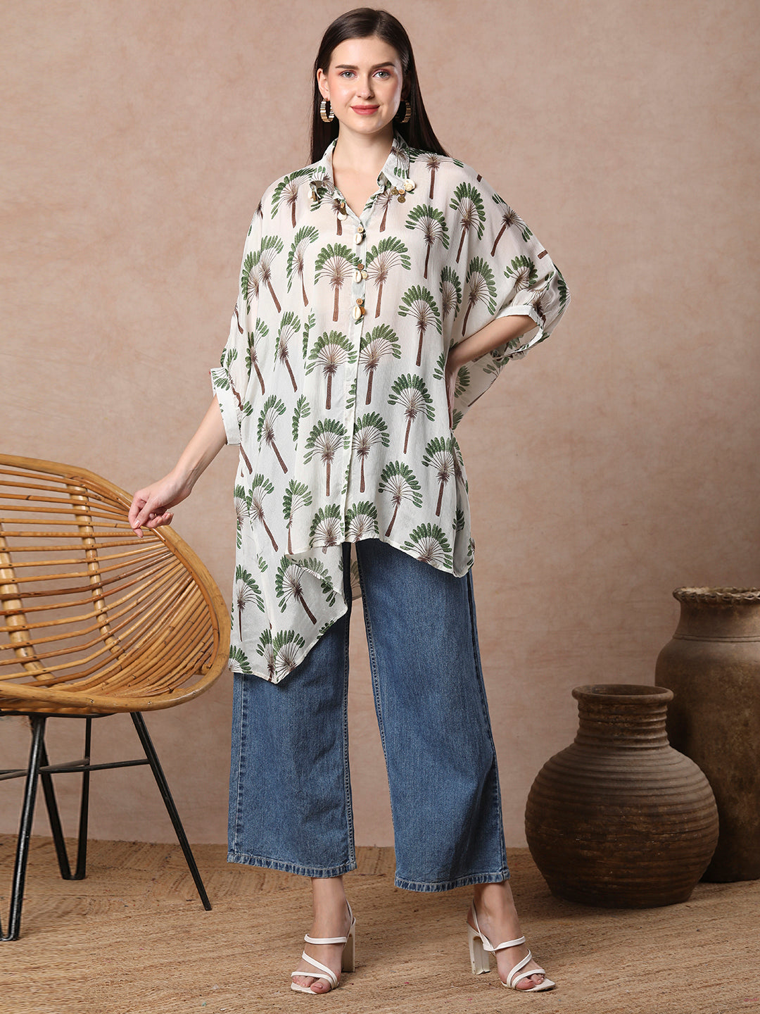 Coconut Tree Printed Kaftan Chinnon Chiffon Top - Off White