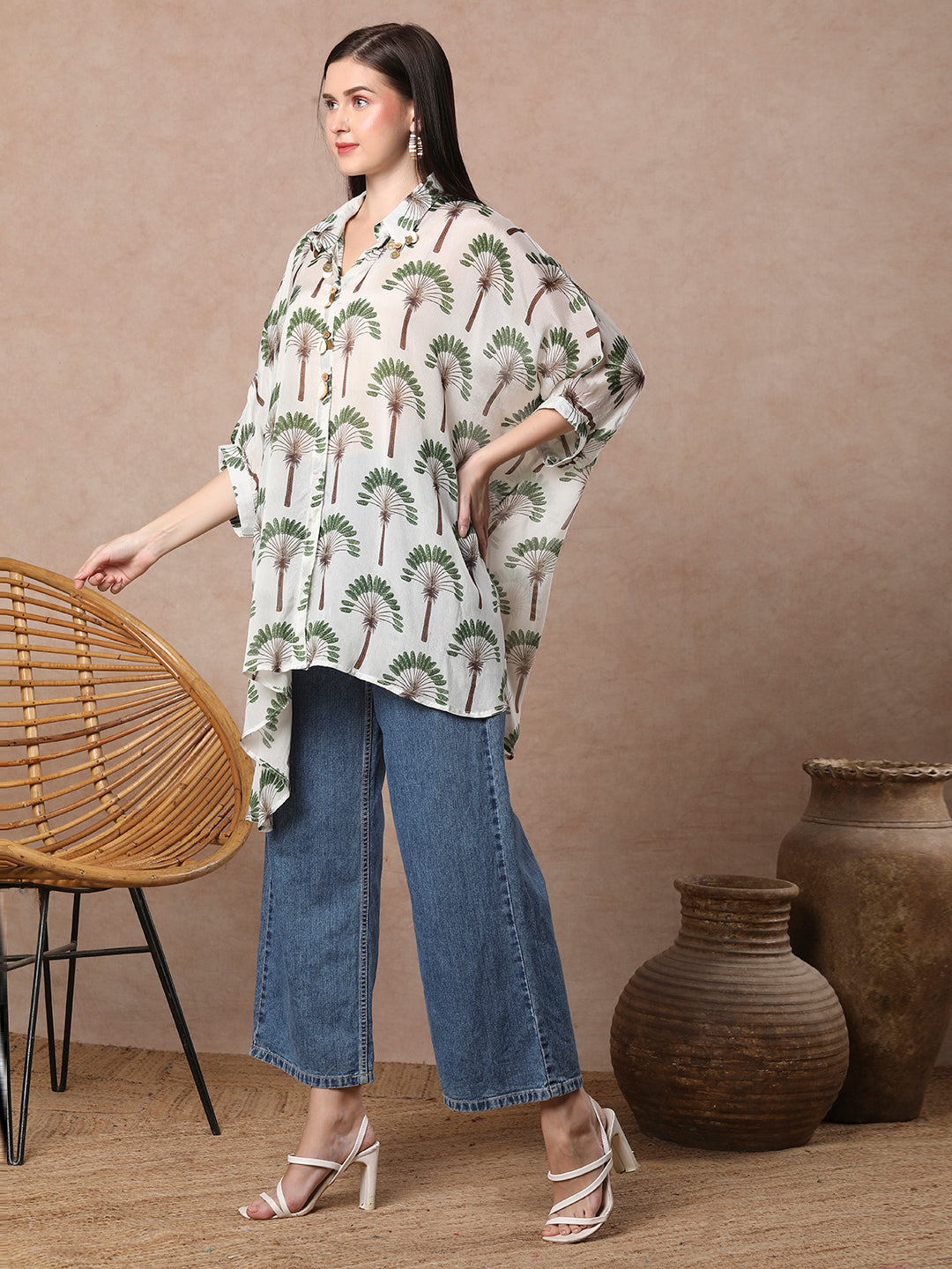 Coconut Tree Printed Kaftan Chinnon Chiffon Top - Off White