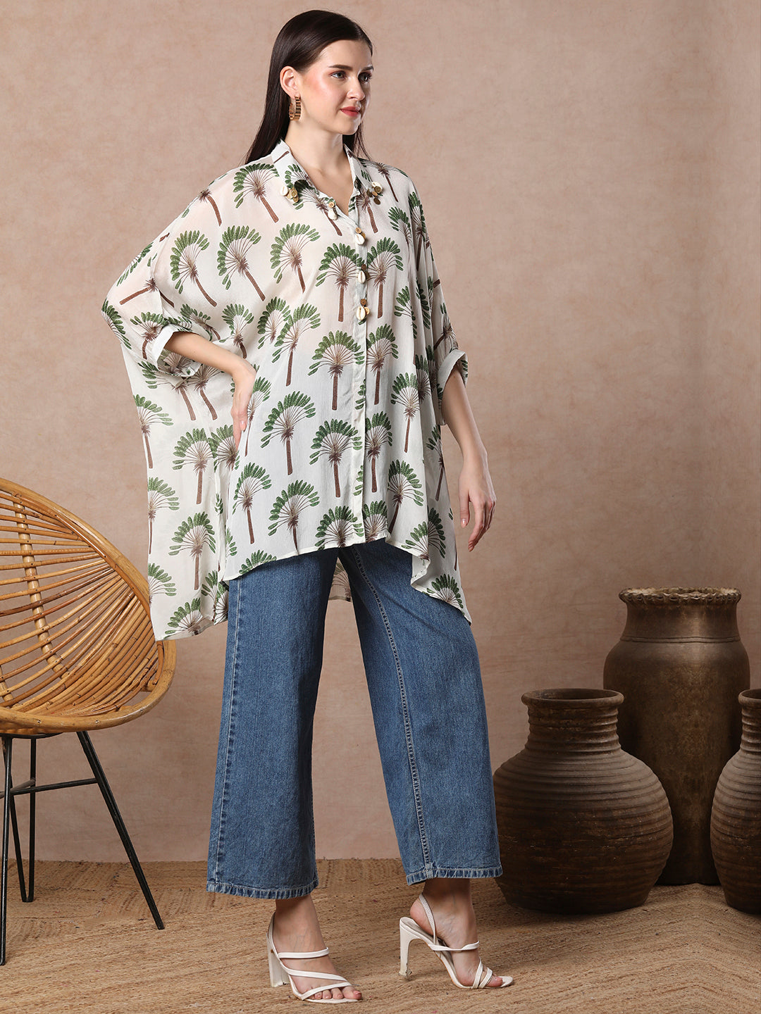 Coconut Tree Printed Kaftan Chinnon Chiffon Top - Off White